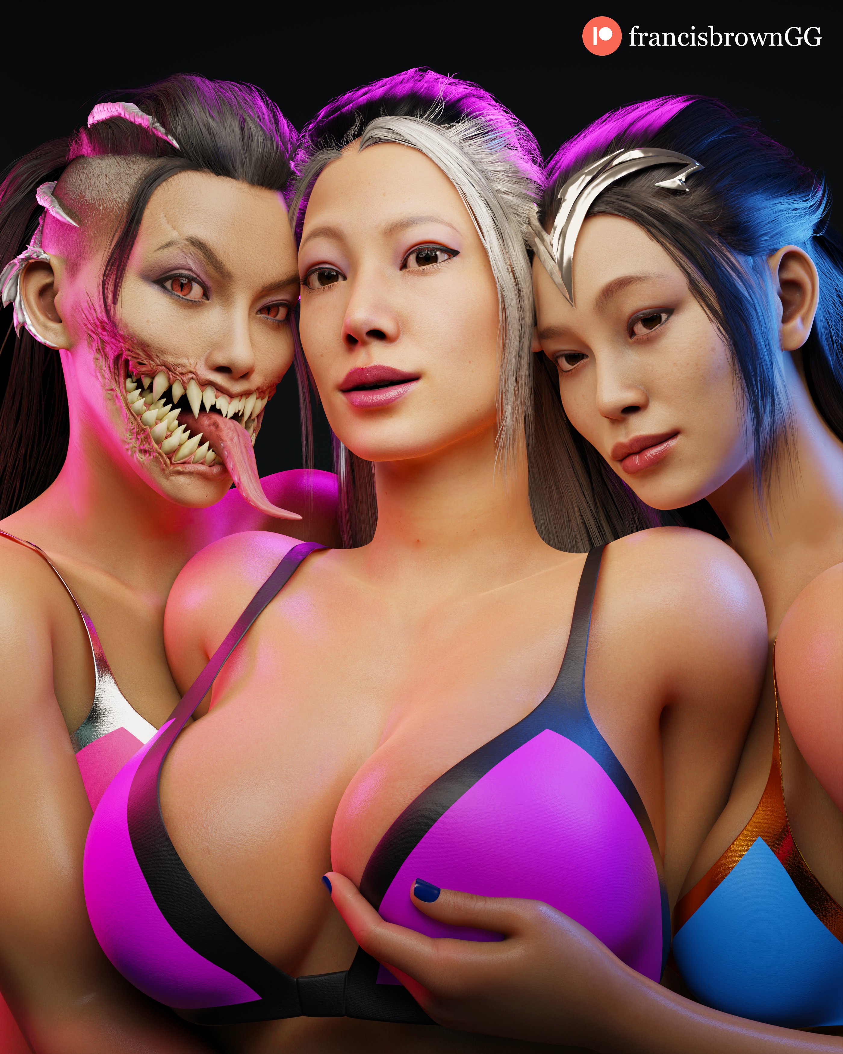 3d, 3d (artwork), 3girls, big, big breasts, breasts, brown, brown eyes, edenian, female, female only, francis brown, gaming, incest, kitana, mileena, mortal kombat, mortal kombat 1 (2023), mother and daughter, mother and daughters, sindel, yuri