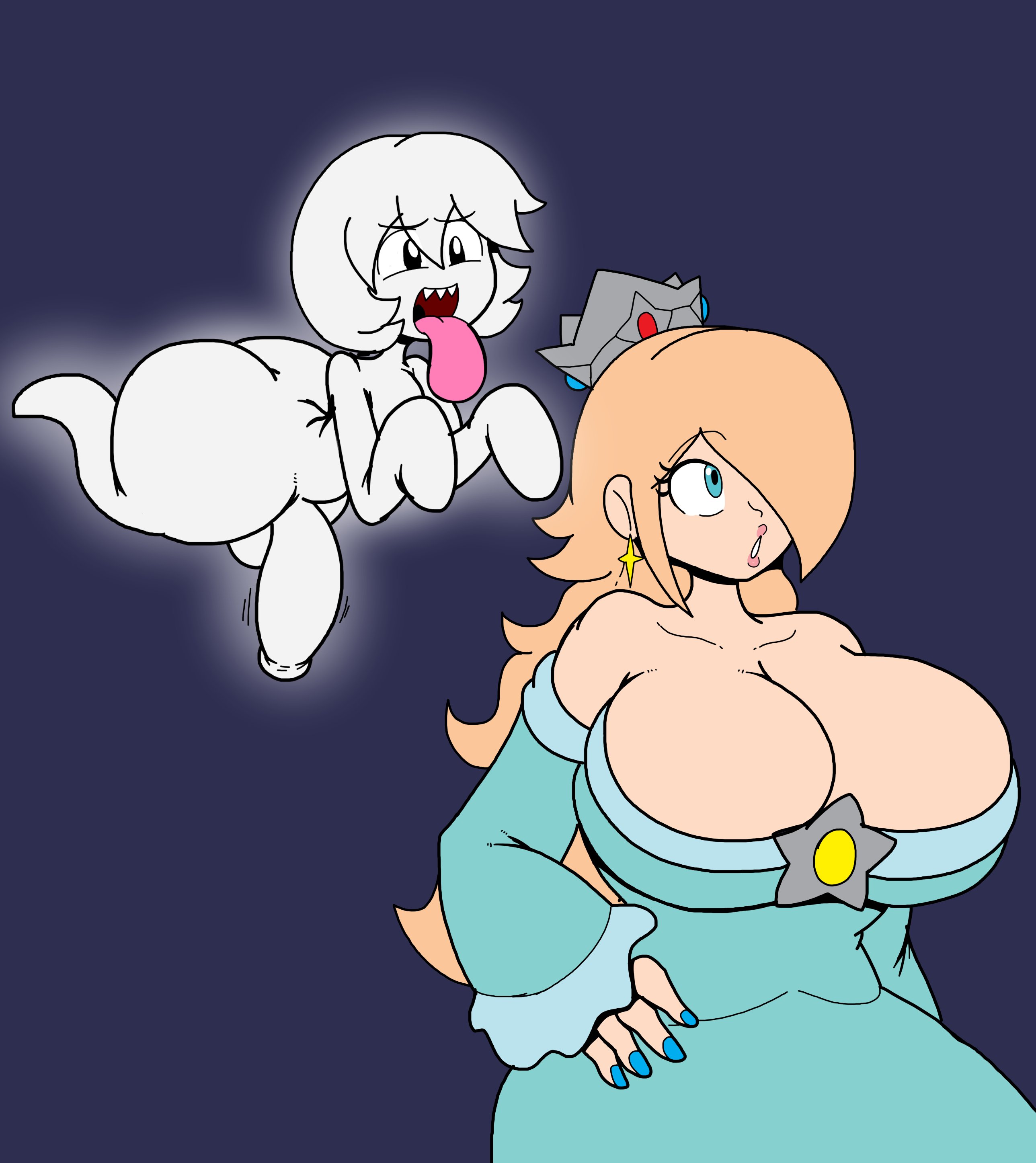 1boy, 1girls, 2023, 2d, ass, balls, boo (mario), bottom heavy, breasts, clothed, clothing, cock, dick, duo, erection, female, femboy, fully clothed, ghost, ghost boy, huge cock, humanoid, hung trap, light skin, light-skinned female, male, mario (series), nintendo, outside, pale skin, pale-skinned female, penis, poopishness, princess rosalina, simple background, skindentation, solid color background, spooky, super mario galaxy, thick thighs, wide hips