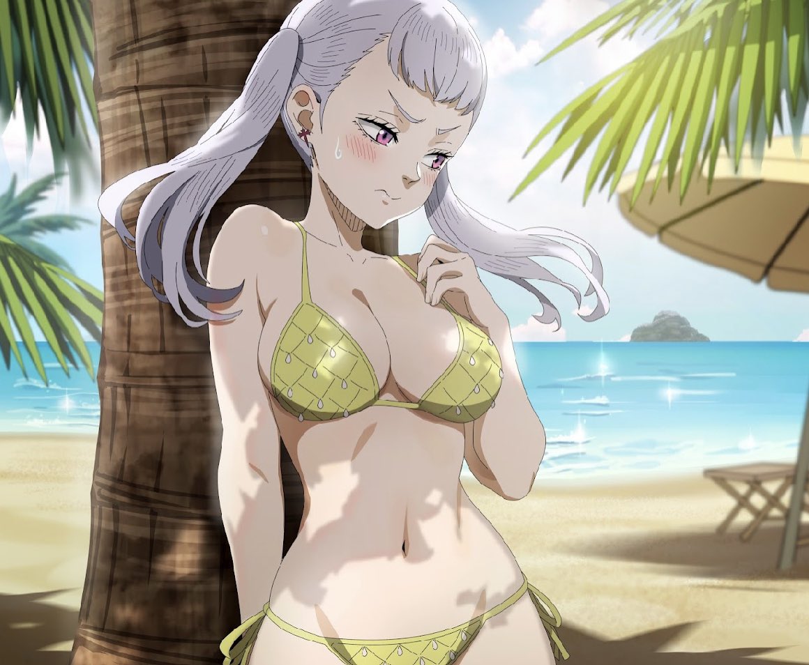 1girls 3: beach bellybutton big_breasts bikini black_clover blush breasts cleavage curvy embarrassed grey_hair large_breasts midriff noelle_silva ocean official_art outdoors purple_eyes shadow silver_hair skimpy skimpy_bikini sweatdrop tree tsundere twintails wide_hips