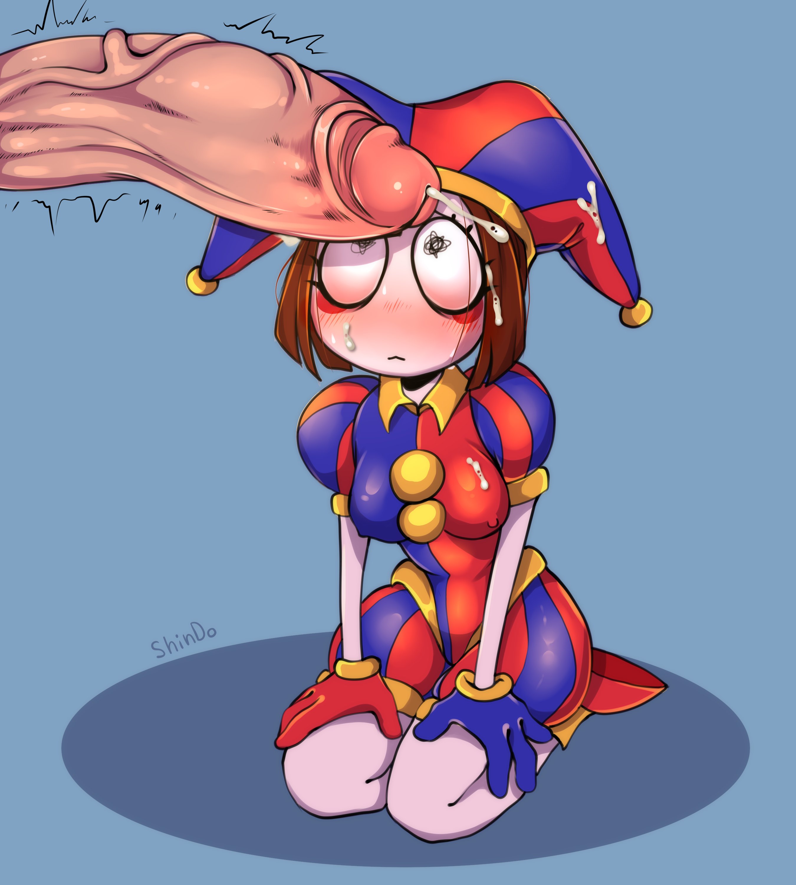 2023, 2d, 2d (artwork), 2d artwork, blush, breasts, brown hair, cum on clothes, cum shot, female, glitch productions, gloves, gooseworx, huge cock, jester costume, jester hat, jester outfit, male, penis, pomni (the amazing digital circus), precum, shindortes, small breasts, smaller female, straight, sweat, sweatdrop, sweating, the amazing digital circus, veiny penis, white body