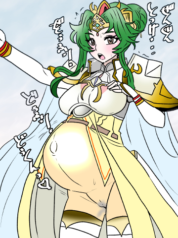 1girls armor bodystocking boots breasts brown_eyes cape drooling elbow_gloves elincia_ridell_crimea female female_only fingerless_gloves fire_emblem fire_emblem:_path_of_radiance fire_emblem:_radiant_dawn gloves green_hair hand_on_own_chest japanese_text kuroihi_(kuroihitsuji) medium_breasts nintendo open_mouth partially_visible_vulva pregnant pussy_juice pussy_juice_stain saliva short_hair solo text thighhigh_boots translation_request