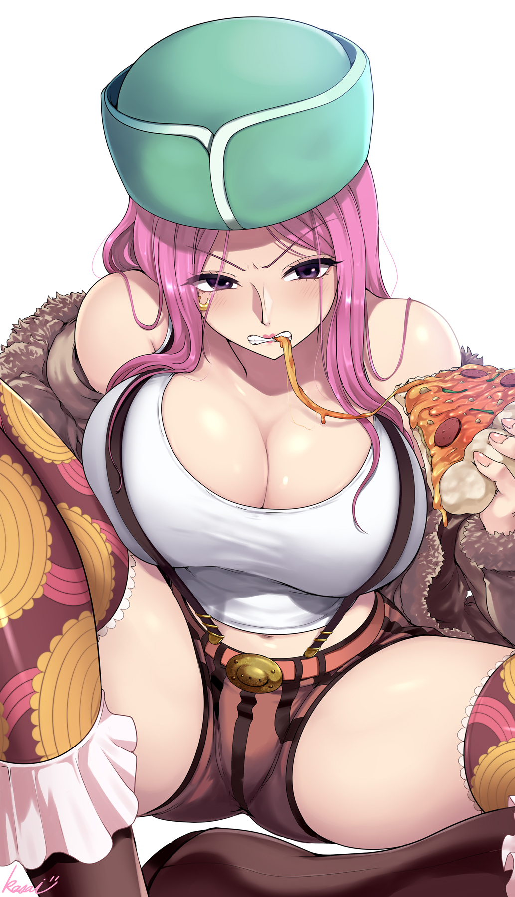 1girls aged_up angry belt big_breasts blushing cleavage coat eating female female_focus female_only food hat highres holding_food holding_object jacket jewelry_bonney kasai_shin lipstick long_hair one_piece piercing pink_hair pizza purple_eyes sitting solo spread_legs suspenders tagme tank_top thick_thighs thighhigh_boots thighhighs