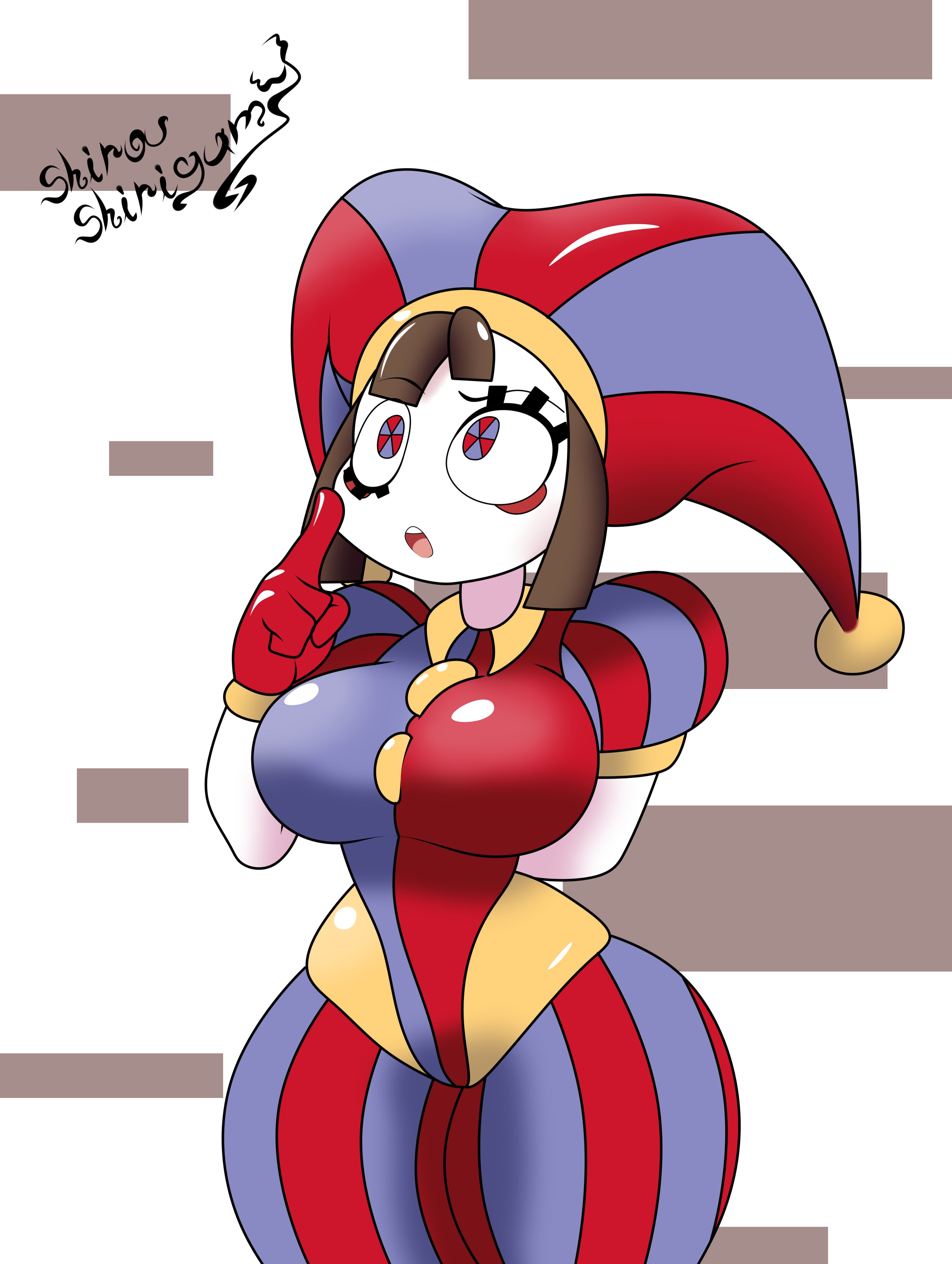 2023, 2d, 2d (artwork), 2d artwork, big thighs, breasts, brown hair, female, glitch productions, gloves, gooseworx, jester costume, jester hat, jester outfit, looking up, medium breasts, pomni (the amazing digital circus), shirou shirigamy, the amazing digital circus