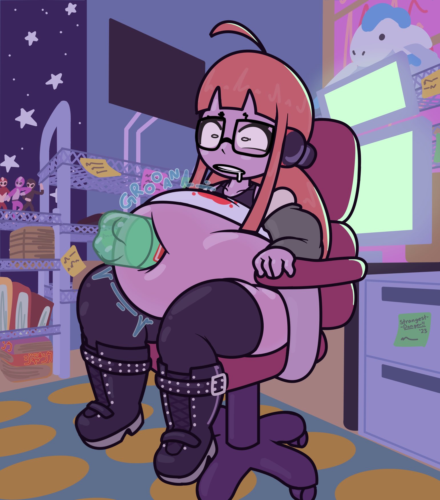 1girls, belly button, belly button penetration, belly inflation, big belly, bottle, bottle insertion, female, hyper, inflated belly, inflation, navel, navel penetration, persona, persona 5, sakura futaba, strangeydangey