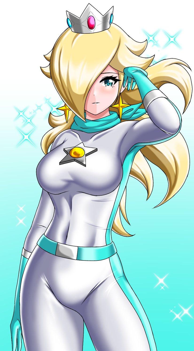 1girls belly_button_visible_through_clothing belt big_breasts blonde_hair blue_eyes blue_gloves blush bodysuit clothing crown curvy_figure eyes female female_focus female_only gloves hair hair_flip hair_over_one_eye human irohazakayouth jpeg looking_at_viewer mario_(series) mario_kart navel_line open_eyes posing princess_rosalina racing_suit rubber rubber_clothing rubber_suit shiny_clothes solo standing star_earrings teeth tight_clothing