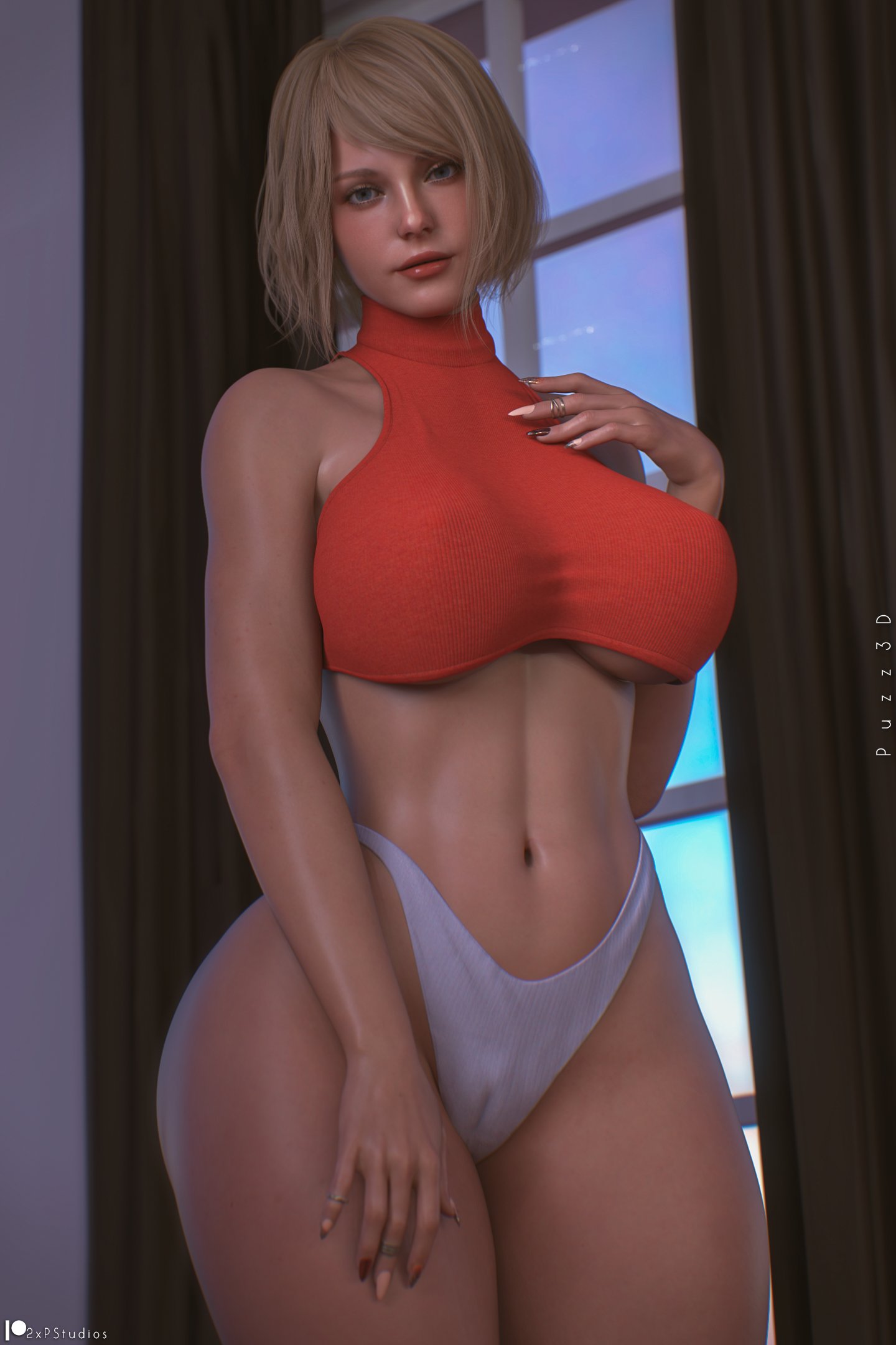 2xp_studios 3d ashley_graham ashley_graham_(ella_freya) big_breasts blonde_female blonde_hair blue_eyes breasts curvaceous curvy_female female female_focus indoor light-skinned_female long_fingernails pizz3d puzz3d resident_evil resident_evil_4 resident_evil_4_remake solo solo_female underboob white_panties