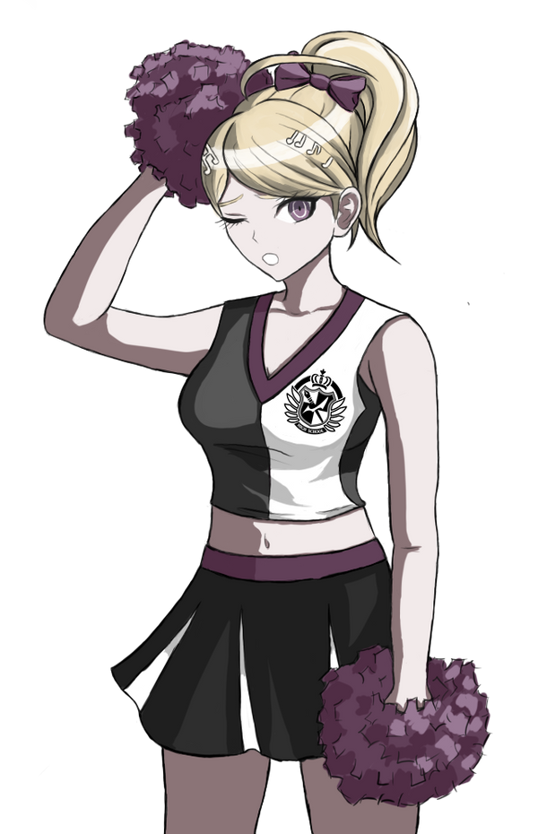 1girls accurate_art_style akamatsu_kaede blonde_hair breasts cheerleader cheerleader_uniform chelleremedy danganronpa danganronpa_v3 female_only hair_ornament hairbow looking_at_viewer medium_breasts midriff musical_note_hair_ornament navel one_eye_closed pom_pom_(cheerleading) ponytail purple_eyes solo sprite_edit transparent_background