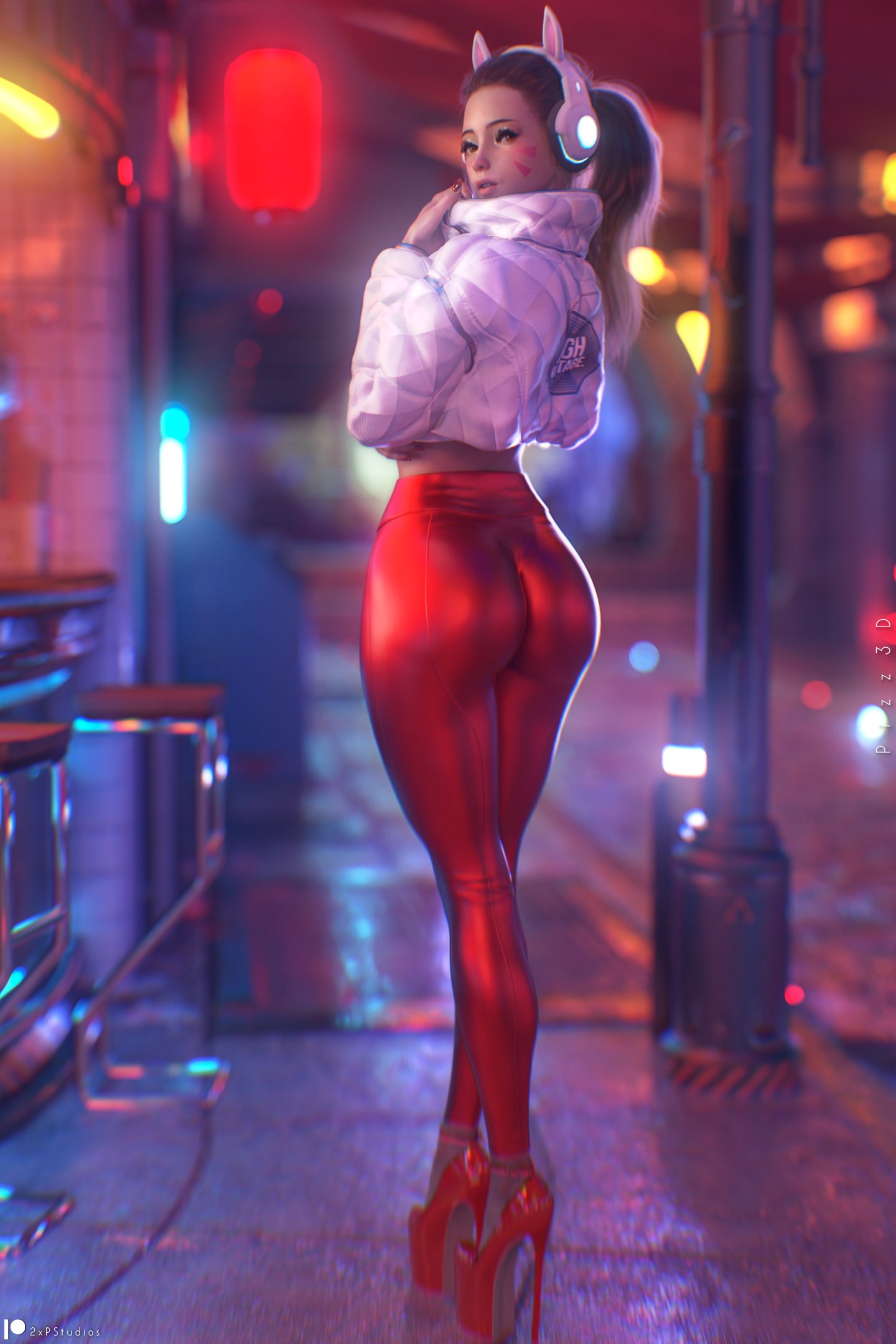 1girls 2xp_studios 3d asian asian_female ass ass_focus brown_hair d.va female female_focus headphones high_heels jacket light-skinned_female looking_back outside overwatch pizz3d platform_heels puzz3d solo solo_female