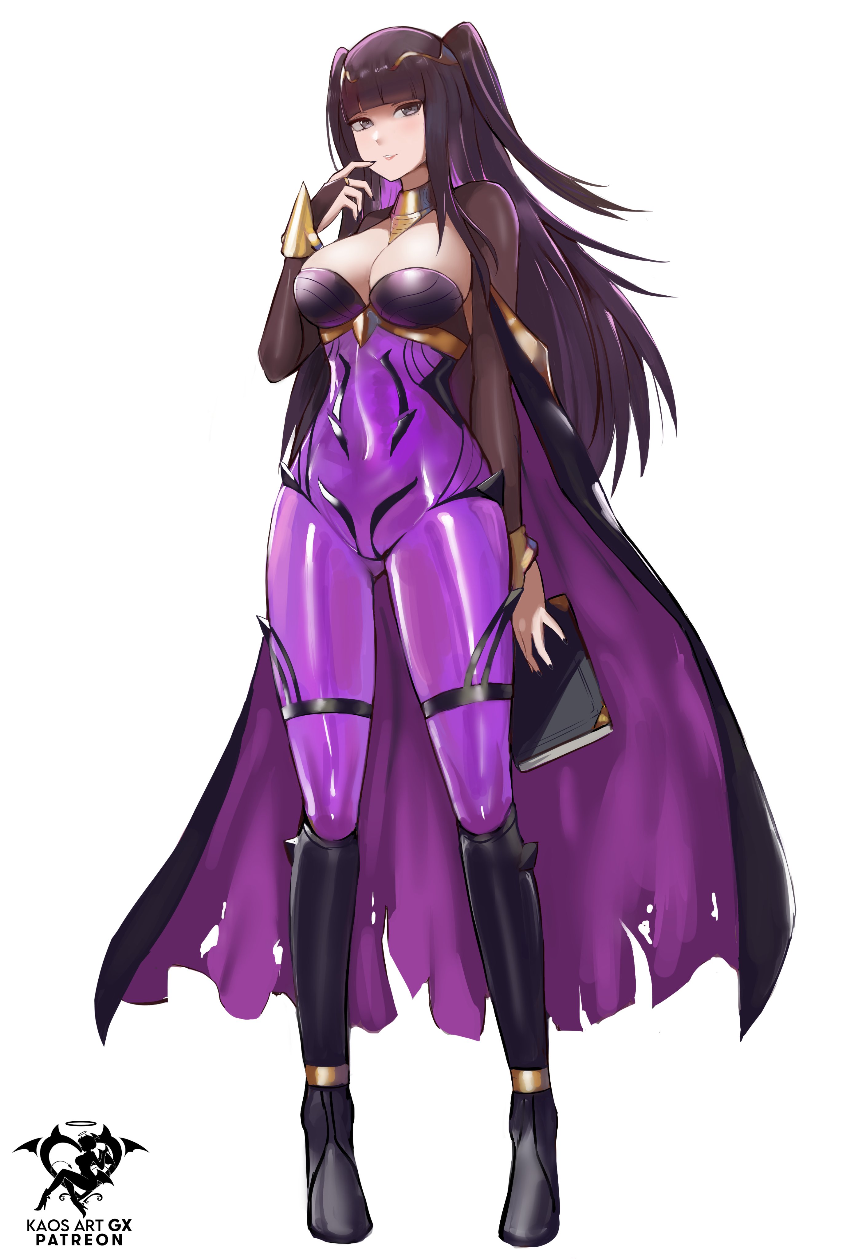 1girls, absurdres, alternate costume, artist name, ass visible through thighs, bangs, black cape, black footwear, black hair, black nails, black sleeves, blunt bangs, bodysuit, boots, breasts, brown eyes, cape, cleavage, colored inner hair, female, female only, fire emblem, fire emblem awakening, fire emblem heroes, floating hair, full body, highres, holding, kaos art, knee boots, large breasts, long hair, long sleeves, multicolored hair, nail polish, nintendo, pink hair, purple bodysuit, shrug (clothing), simple background, solo, tharja (fire emblem), torn cape, torn clothes, very long hair, white background