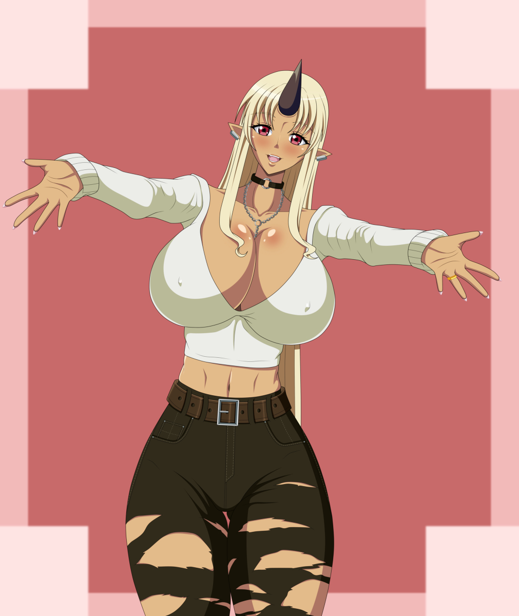 blonde_hair breasts choker cleavage cleavage_cutout dark_skin female horn huge_breasts large_breasts monster_girl monster_musume_no_iru_nichijou necklace nipples_visible_through_clothing ogre ogre_girl open_arms red_eyes reiichiart ring solo solo_female solo_focus tionishia_(monster_musume) torn_pants