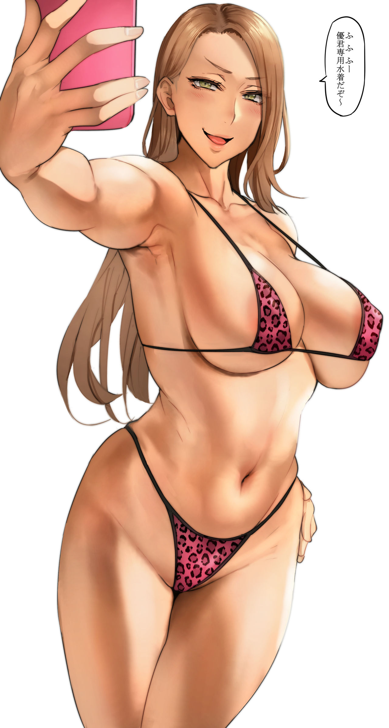 1girls, 2020, absurd res, animal print, areola slip, areolae, armpits, bikini, breasts, brown hair, cellphone, cleavage, cool wife (pepe (jonasan)), female, female only, green eyes, hand on hip, highleg, highleg bikini, highres, holding phone, japanese text, large breasts, leopard print, long hair, looking at phone, mature female, micro bikini, nipple bulge, open mouth, original, pepe (jonasan), phone, pink bikini, selfie, simple background, skindentation, smartphone, smile, solo, speech bubble, standing, swimsuit, text, thighs, thong, thong bikini, tongue, white background, wide hips