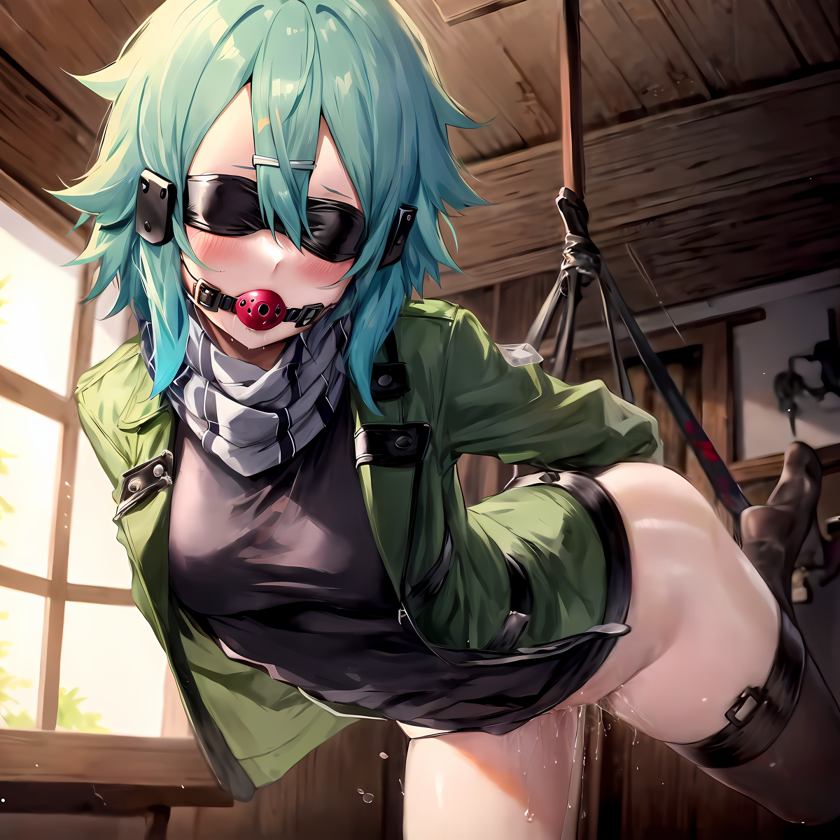 ai generated, asada shino, bad end, ball gag, black shirt, blindfold, blindfolded, blue hair, blush, bondage, defeated, defeated heroine, female, fruitstealer, gag, gagged, green jacket, gun gale online, punishment, pushing, red gag, rope, scarf, sinon, sword art online, thighs, white body, white scarf