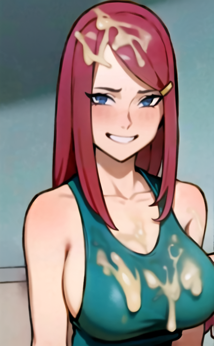 ai generated, big breasts, blue eyes, breasts, clothing, cum, cum on breasts, cum on hair, female, green dress, large breasts, long hair, looking at viewer, naruto, naruto (series), red hair, smirking, uzumaki kushina