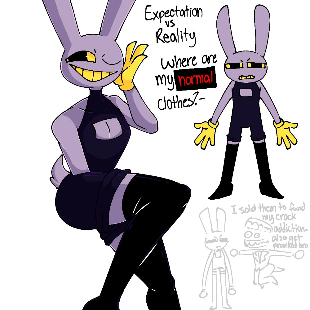 anthro, artist request, boob window, breasts, bunny ears, bunny tail, caine (the amazing digital circus), closed eye, crossdressing, dialogue, glitch productions, gloves, gooseworx, hand on face, jax (the amazing digital circus), long boots, male, male focus, male only, purple body, smiling, tagme, the amazing digital circus, turtleneck sweater, yellow eyes, yellow mouth
