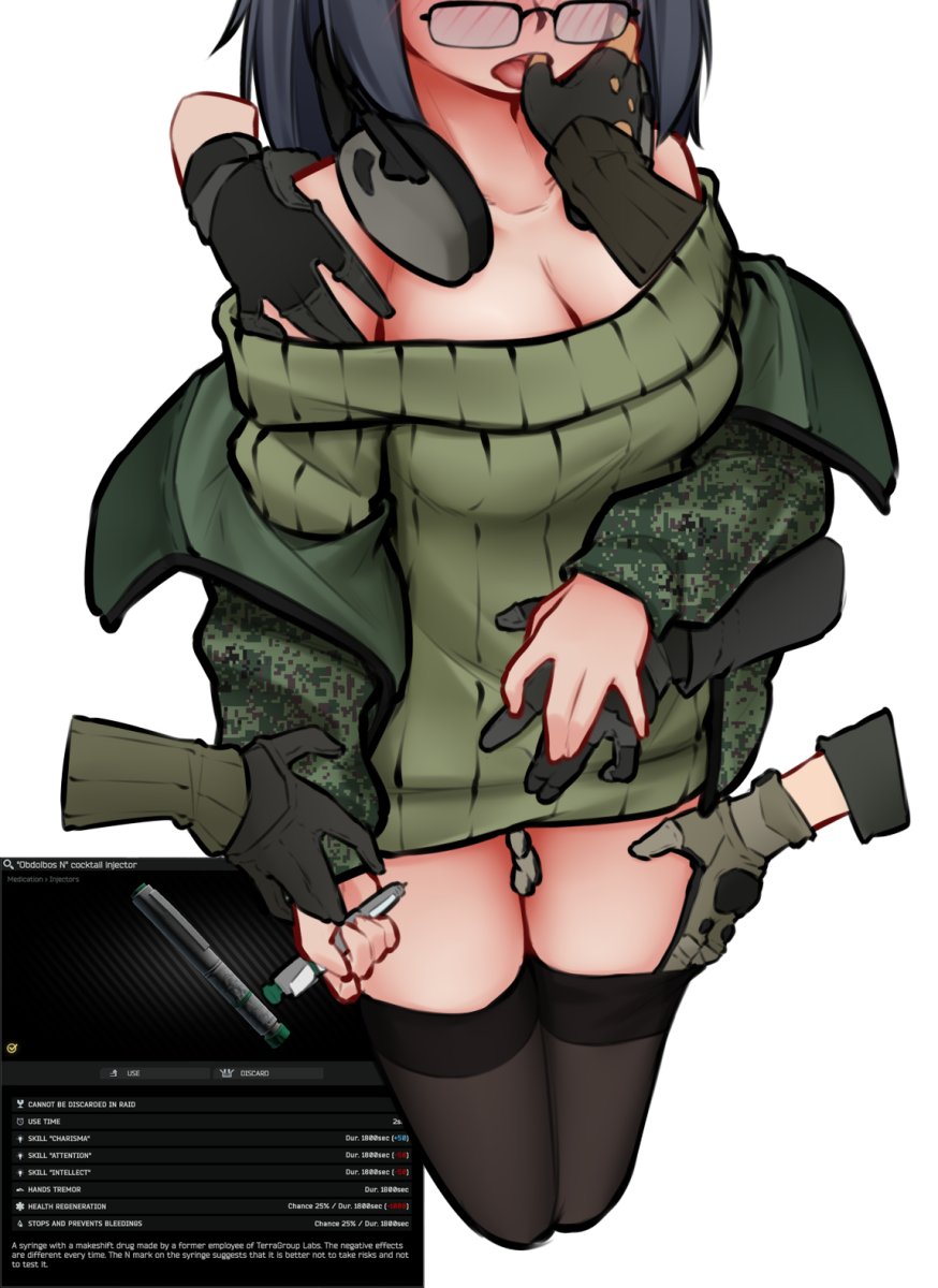 armedshipyard escape_from_tarkov female original_character syringe thighhighs thumb_in_mouth