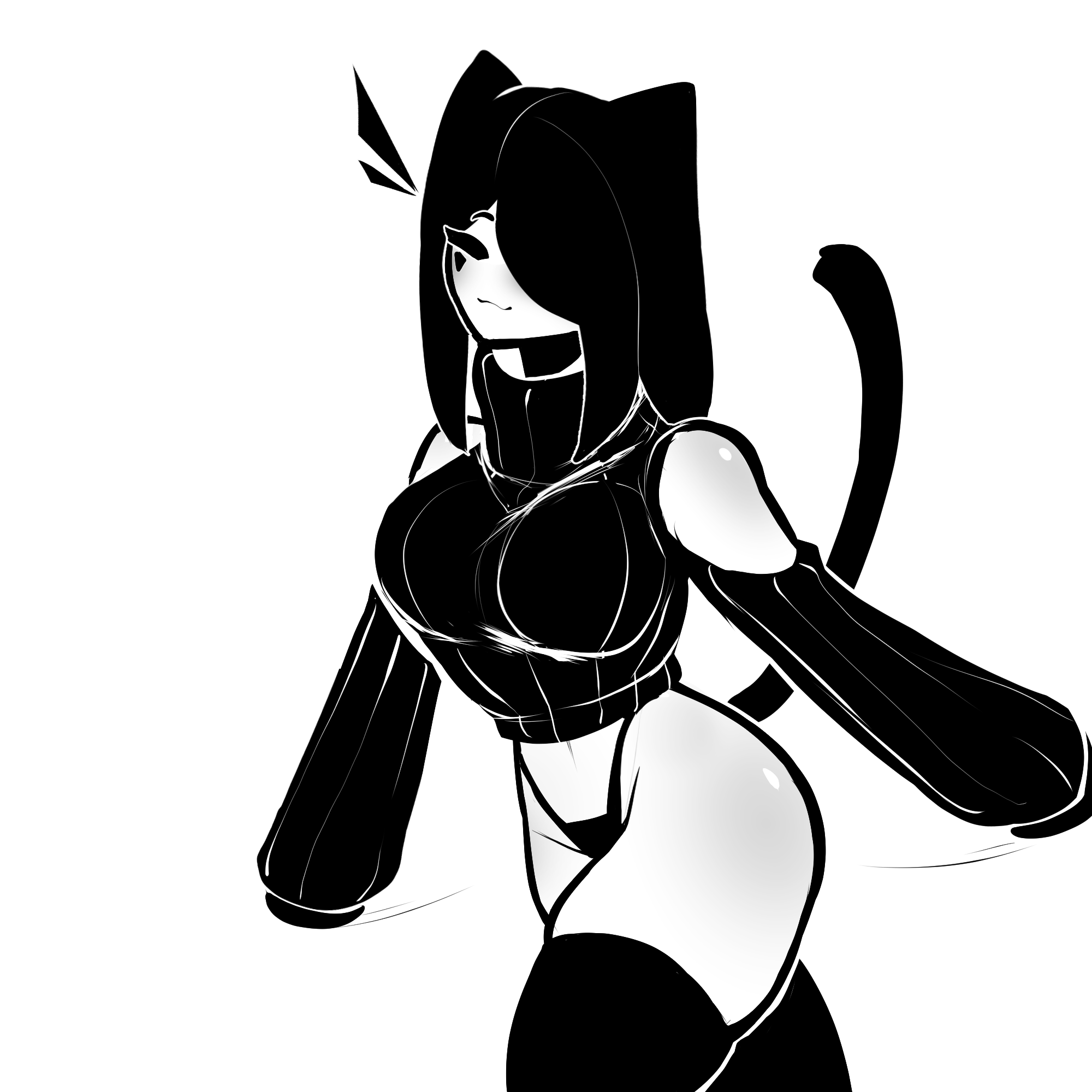 :3, 1girls, 2023, animal ears, bikini, black bikini, black hair, blush, body blush, cat ears, cat girl, cat tail, catgirl, catte (tekona), closed eyes, cute, detached sleeves, facial markings, female, hair over one eye, happy, highleg bikini, motion lines, navel, no pants, original, skindentation, sleeves past wrists, smile, standing, sweater, tagme, tail, tekona, thighhighs, thighs, turtleneck, walking, wholesome