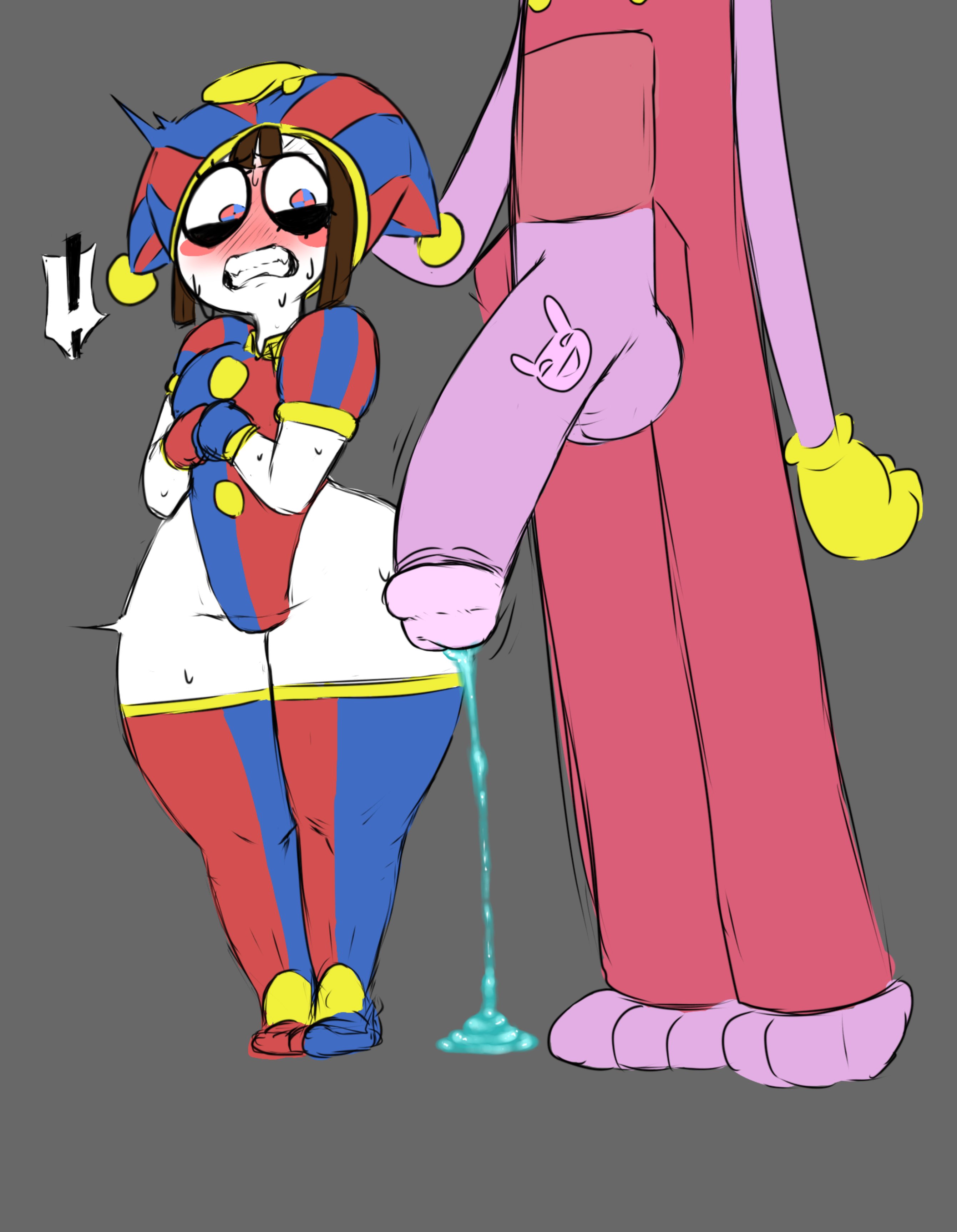 2020s, 2023, 2d, 2d (artwork), 2d artwork, artist request, big penis, blue cum, blush, breasts, brown hair, female, glitch productions, gloves, gooseworx, hand on head, jax (the amazing digital circus), jester costume, jester hat, jester outfit, looking at penis, male, nervous, penis, pomni (the amazing digital circus), precum, precum drip, purple body, purple penis, short hair, small breasts, straight, sweat, sweatdrop, sweating, the amazing digital circus, thick thighs, white body