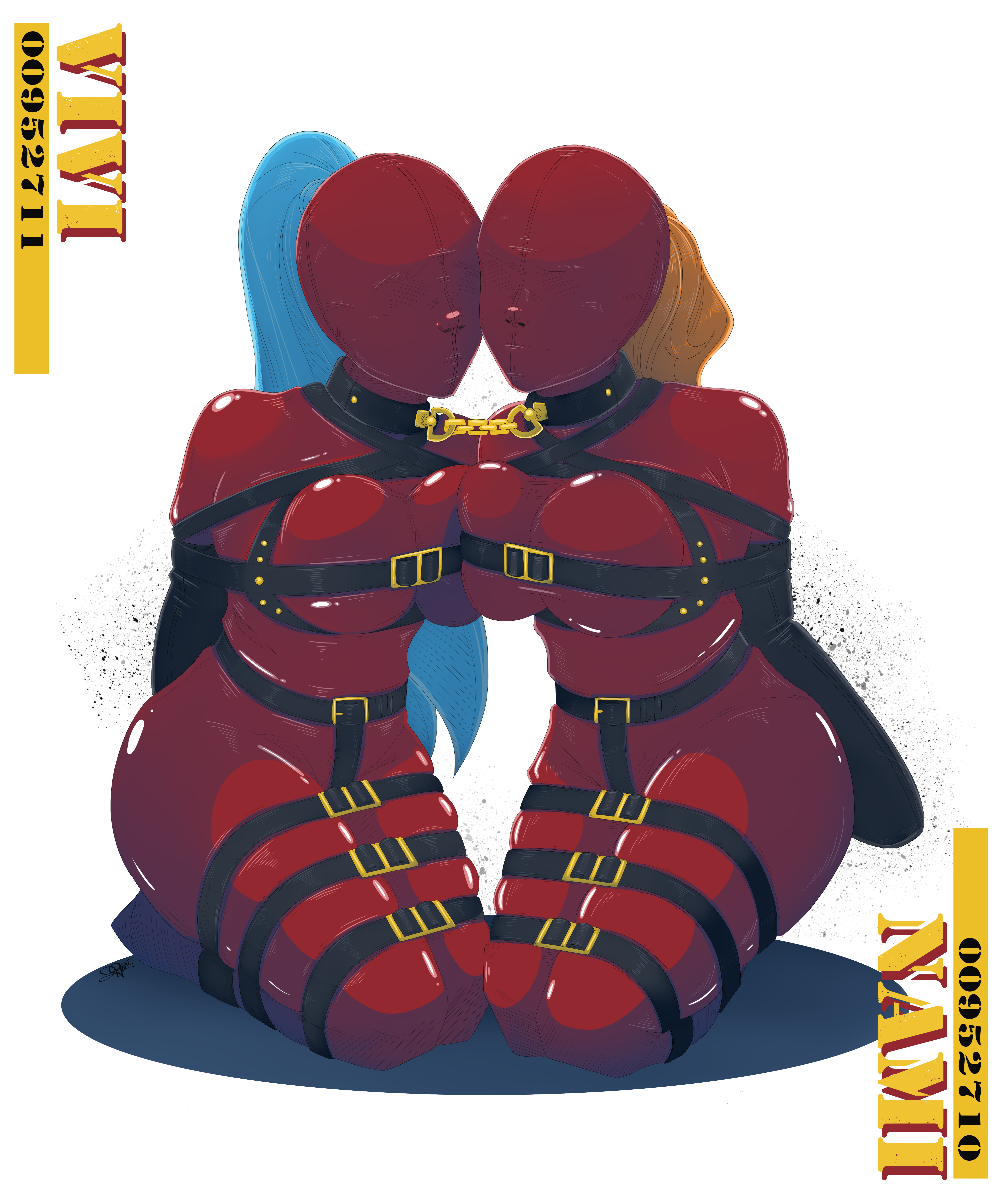 2girls, armbinder, arms behind back, bondage, bondage harness, bondage hood, bound, bound together, chained together, collar, collared, female, female only, femsub, fully clothed, harness, latex, latex bodysuit, latex clothing, latex hood, looking at viewer, multiple females, multiple girls, nami (one piece), nefertari vivi, one piece, pgratedslasher, post-timeskip, shiny clothes, slave collar, slave girl, tight clothing