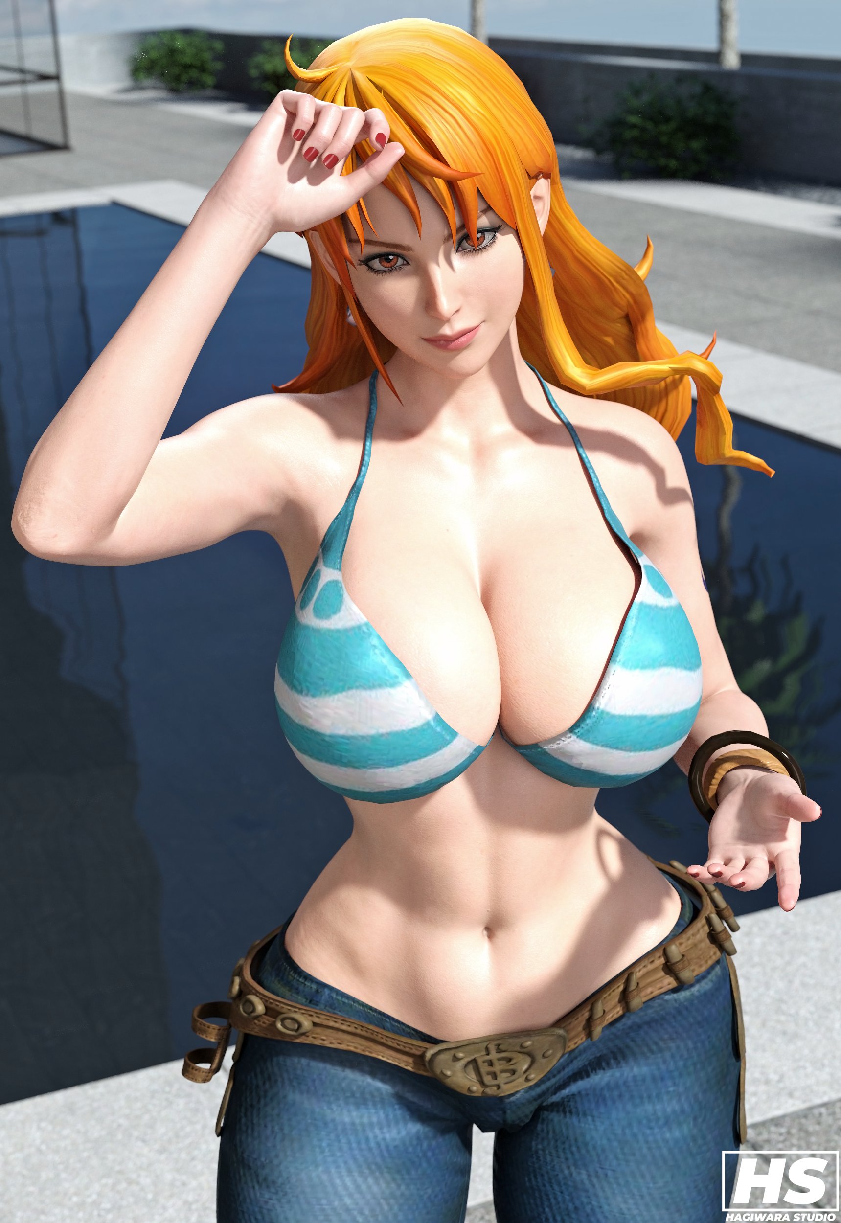 3d, ass, big ass, big breasts, bikini, bikini top, breasts, female, female only, hagiwara studio, jeans, large breasts, long hair, looking at viewer, nami (one piece), one piece, orange hair, orange-haired female, pants, post-timeskip, striped bikini, tattoo, thick thighs, tight clothing, tight pants