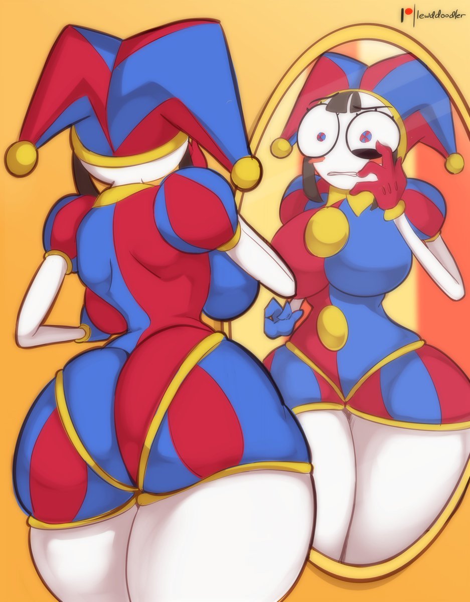 1girls, 2023, 2d, 2d (artwork), 2d artwork, ass, big ass, big breasts, breasts, brown hair, female, female only, glitch productions, gloves, gooseworx, jester costume, jester hat, jester outfit, large ass, lewddoodler, mirror reflection, pomni (the amazing digital circus), short hair, solo, solo female, the amazing digital circus, thick thighs