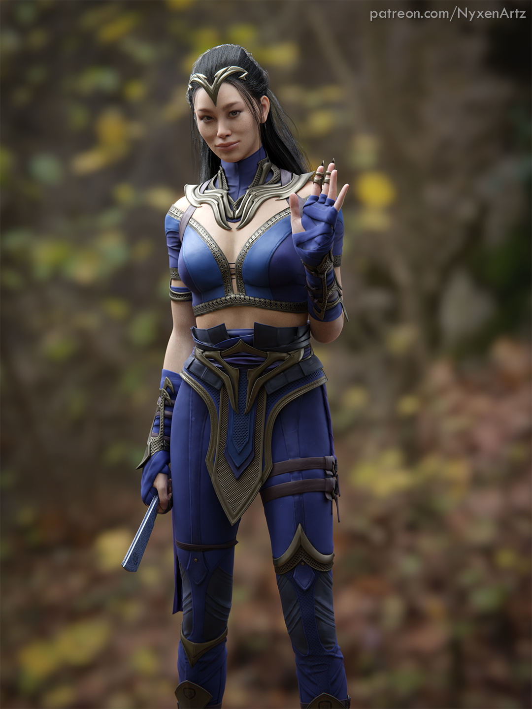 1girls, 3d, clothed, female, female only, fully clothed, kitana, kitana (new era), looking at viewer, mortal kombat, mortal kombat 1 (2023), non-nude, nyxenartz, smile, smiling, smiling at viewer, solo, waving