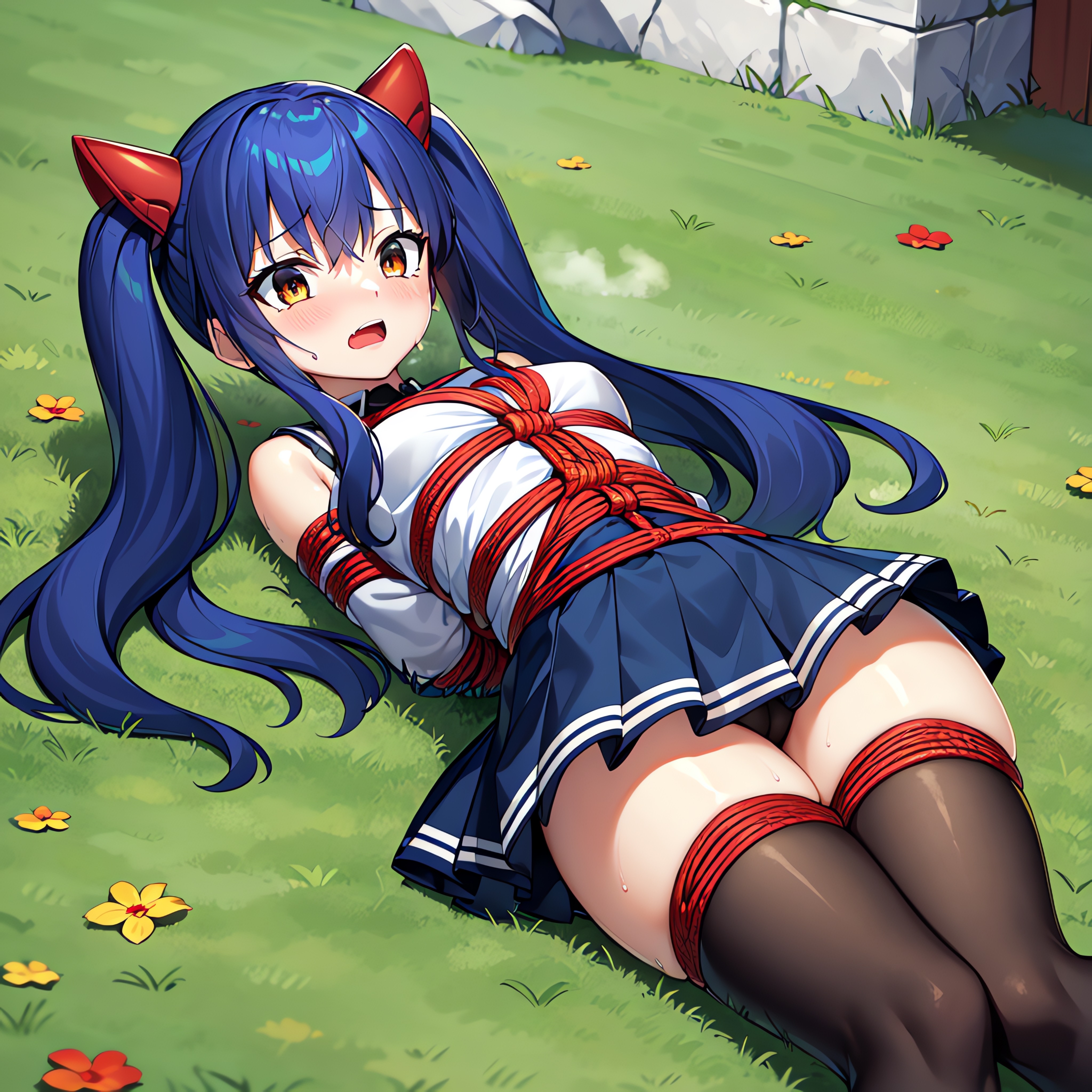 1girls, ai generated, blue hair, blush, clothing, eyes, fairy tail, female, female only, hands behind back, laying on ground, open mouth, ponytails, rope, skirt, solo, tied up, wendy marvell