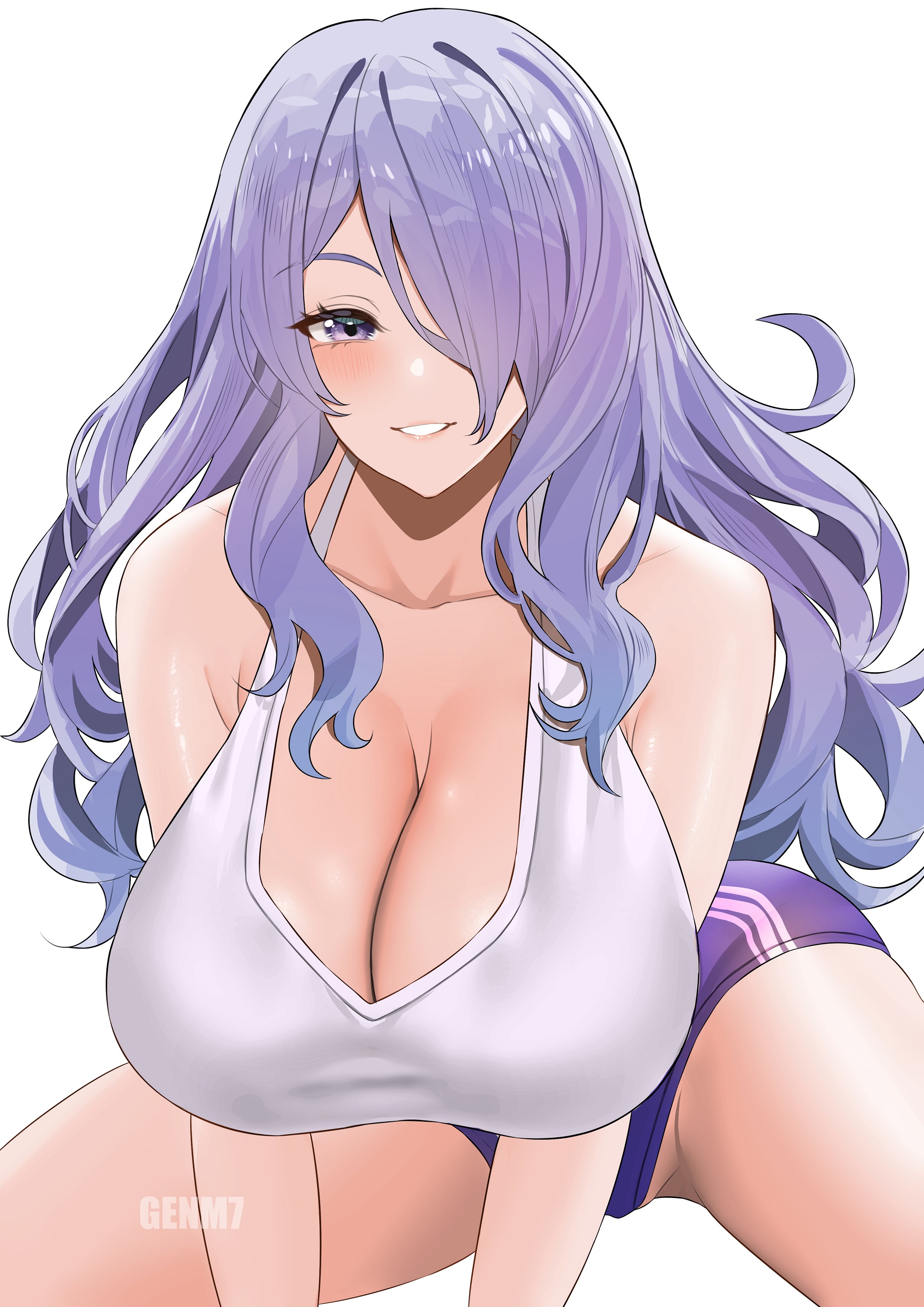 1girls, alternate breast size, big breasts, booty shorts, breasts, camilla (fire emblem), cleavage, dolphin shorts, female, female only, fire emblem, fire emblem fates, genm7, hair over one eye, huge breasts, large breasts, leaning forward, light skin, light-skinned female, long hair, nintendo, purple eyes, purple hair, short shorts, shorts, smile, solo, tank top, thighs, voluptuous