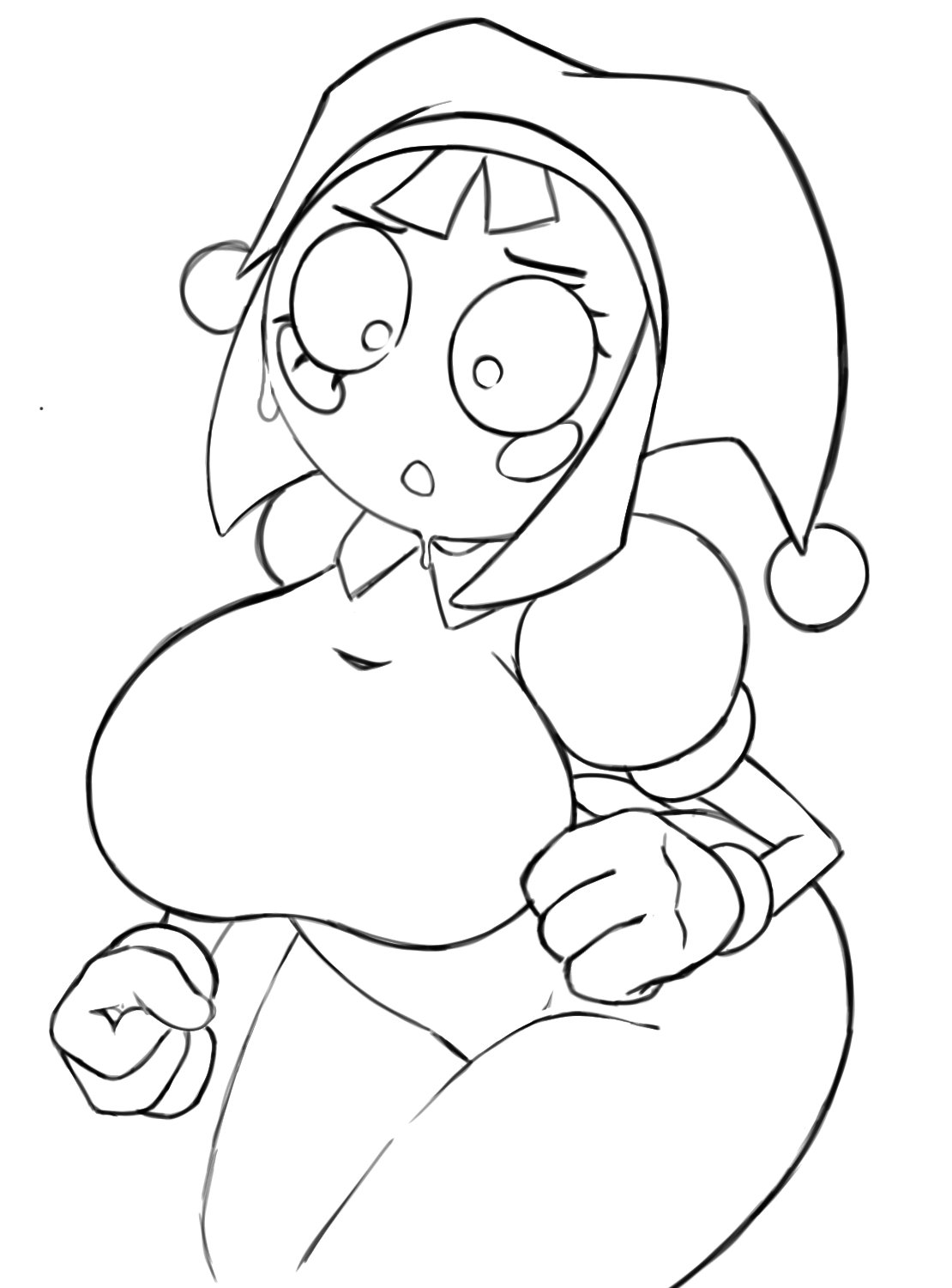 2023, 2d, 2d (artwork), 2d artwork, ass, big ass, big breasts, black and white, breasts, brown hair, female, glitch productions, gloves, gooseworx, jester, jester costume, jester hat, jester outfit, pomni, pomni (the amazing digital circus), short hair, sweat, sweatdrop, sweating, tagme, tamalito, the amazing digital circus, thick thighs