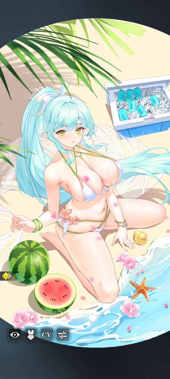 aqua_hair beach belly_button beverage beverage_can bikini blue_hair blush bracelet cleavage cooler drink elf elf_ears elf_female flower green_eyes hand_between_legs highres how_to_raise_a_harem ice ice_cube legs_apart long_hair looking_at_viewer nail_polish ocean official_art pointy_ears ponytail rubber_duck salmanda_(how_to_raise_a_harem) sand screenshot sitting solo_female starfish sunny swimsuit teal_hair veil water watermelon white_bikini white_swimsuit