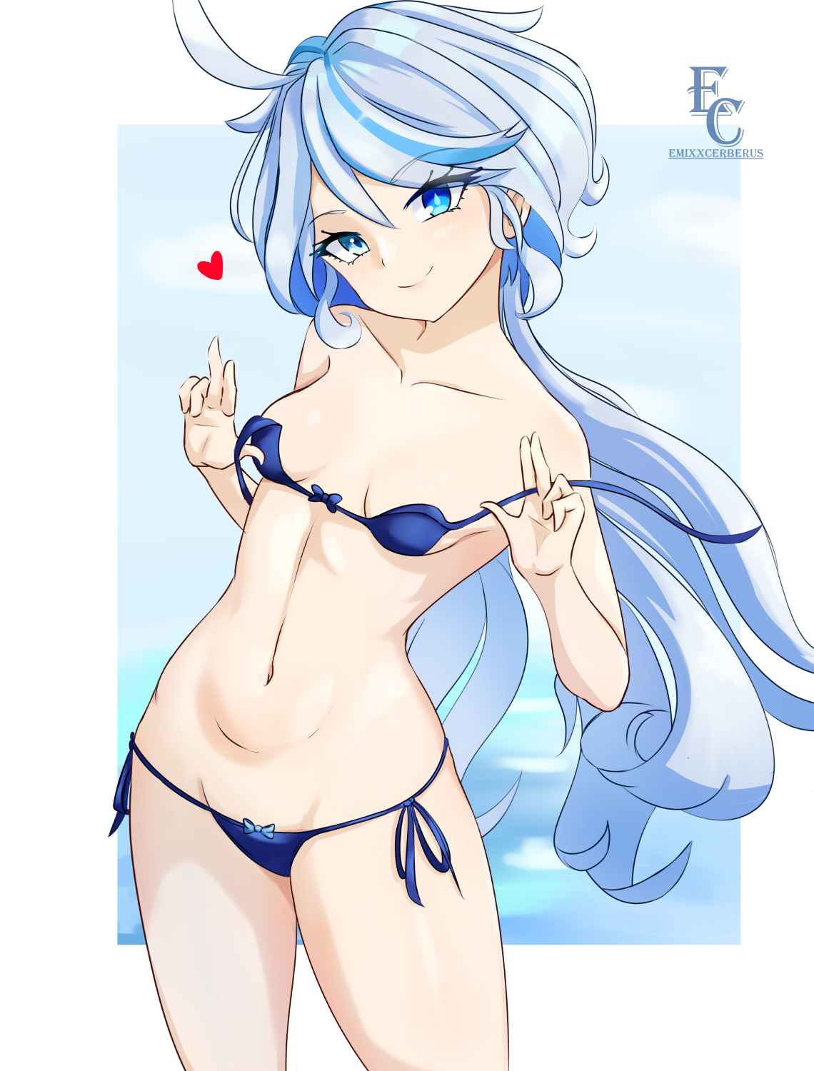 1girls, bikini, bikini bottom, bikini top, bikini top removed, blue bikini, blue bikini bottom, blue bikini top, blue eyes, bottomwear, breasts, emixxcerberus, female, female only, furina (genshin impact), genshin impact, hair, heart, hips, long hair, small breasts, smile, solo, solo female, swimwear, thighs, topwear, white hair