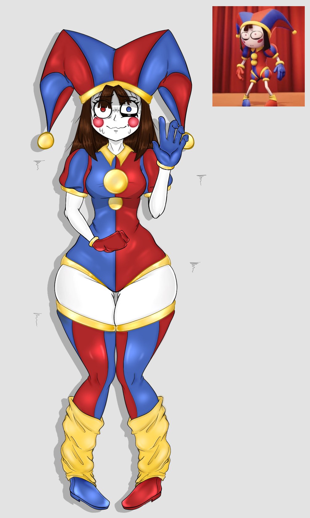 2023, 2d, 2d (artwork), 2d artwork, artist request, breasts, brown hair, female, glitch productions, gloves, gooseworx, jester, jester costume, jester hat, jester outfit, looking at viewer, nervous, nervous smile, pomni, pomni (the amazing digital circus), short hair, small breasts, smiling, sweat, sweatdrop, sweating, tagme, the amazing digital circus, thick thighs, waving, white body
