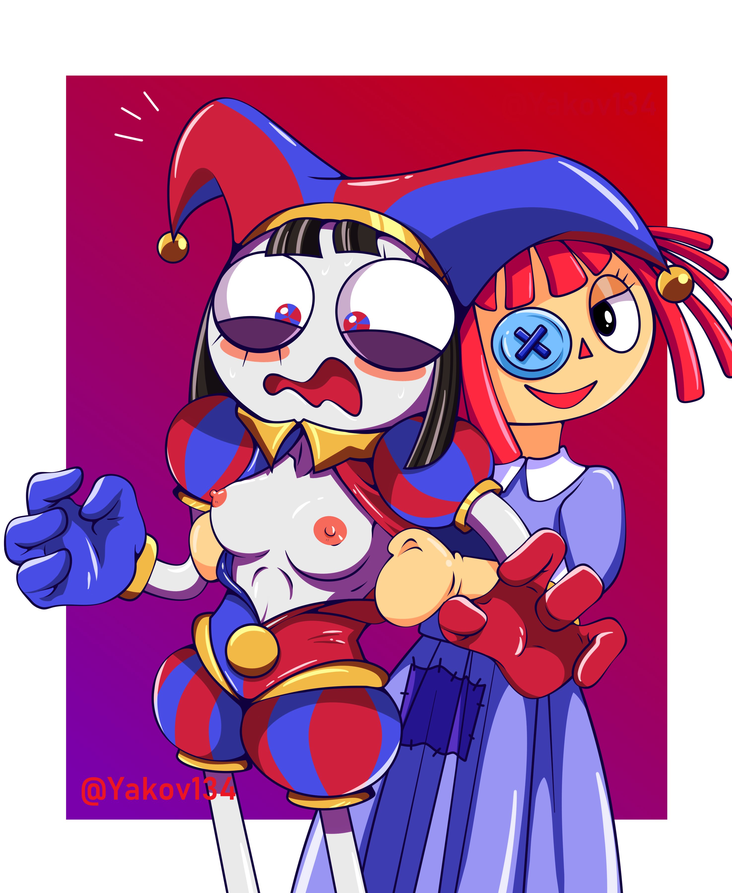 2023, 2d, 2d (artwork), 2d artwork, 2girls, artist request, assisted exposure, breasts, brown hair, button eyes, doll, dress, embarrassed, female, glitch productions, gloves, gooseworx, jester, jester costume, jester hat, jester outfit, multiple females, multiple girls, pomni, pomni (the amazing digital circus), ragatha, ragatha (the amazing digital circus), red hair, revealing breasts, short hair, small breasts, smiling, tagme, the amazing digital circus, white body