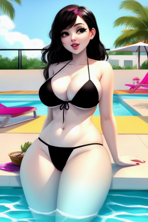 3d_(artwork) ai_generated beach_chair belly_button bikini bikini_bottom bikini_strings bikini_top black_bikini black_bikini_bottom black_bikini_top black_clothes black_clothing black_hair blue_sky bushes busty cartoony clouds coconut_drink eyelashes eyeliner eyeshadow in_water large_breasts light-skinned_female light_skin lipstick makeup mansion nail_polish nails nails_painted overboob pale-skinned_female pale_body pale_skin palm_tree palm_trees pool pool_chair pool_toy poolside railing red_nail_polish red_nails sideboob sky smiling smiling_at_viewer smirking smirking_at_viewer standing_in_water stylized sun_umbrella thick thick_ass thick_thighs tied_bikini tight_clothes tight_clothing tight_fit umbrella underboob vegetation water white_body white_skinned_female