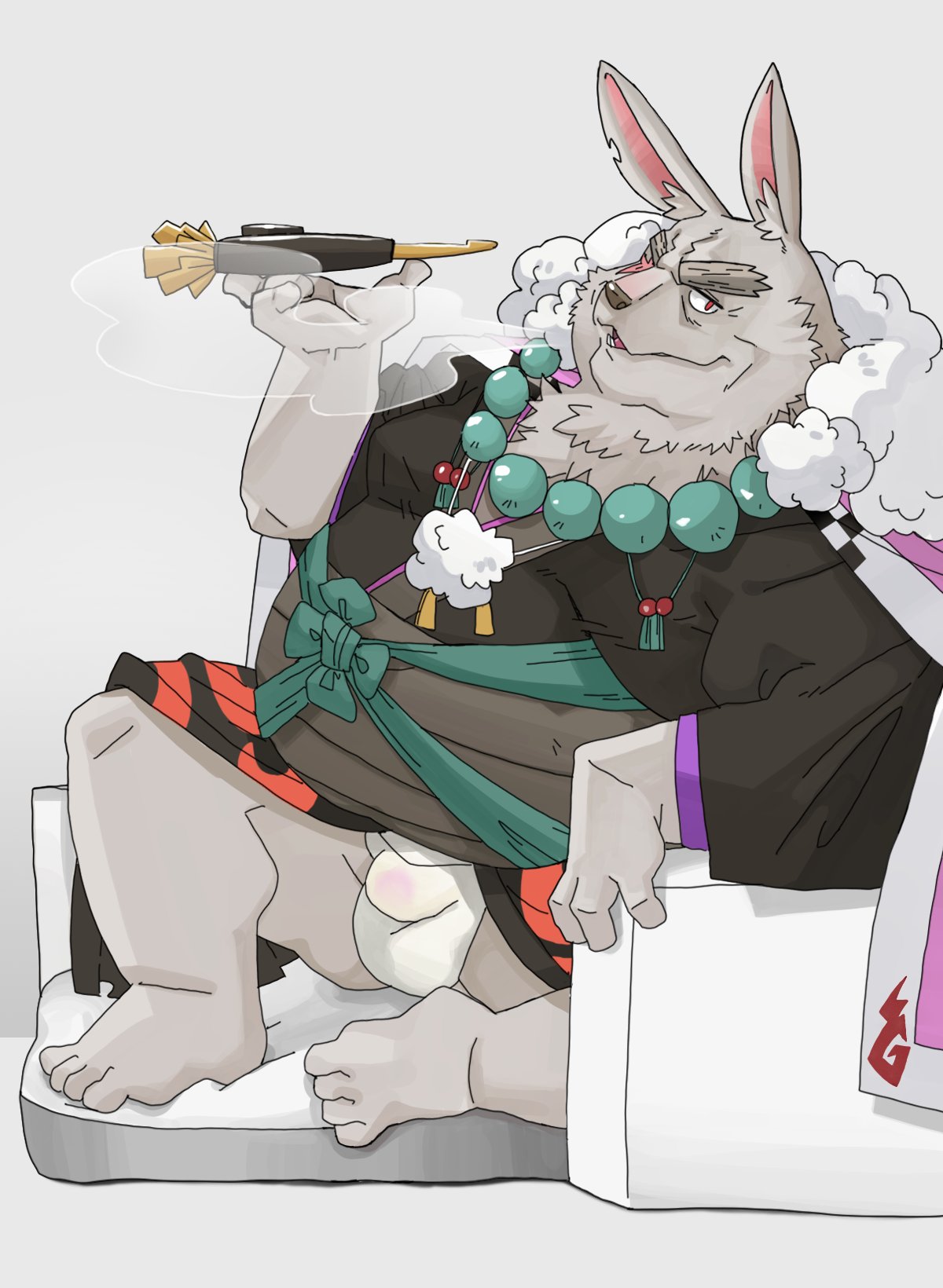 2023 anthro asian_clothing belly big_belly bluewhale127 bulge clothing east_asian_clothing fundoshi fur grey_body grey_fur hi_res humanoid_hands japanese_clothing kemono lagomorph leporid male mammal mature_male overweight overweight_male rabbit shangri-la_frontier sitting smoking solo solo_male underwear vysache white_clothing white_fundoshi white_underwear