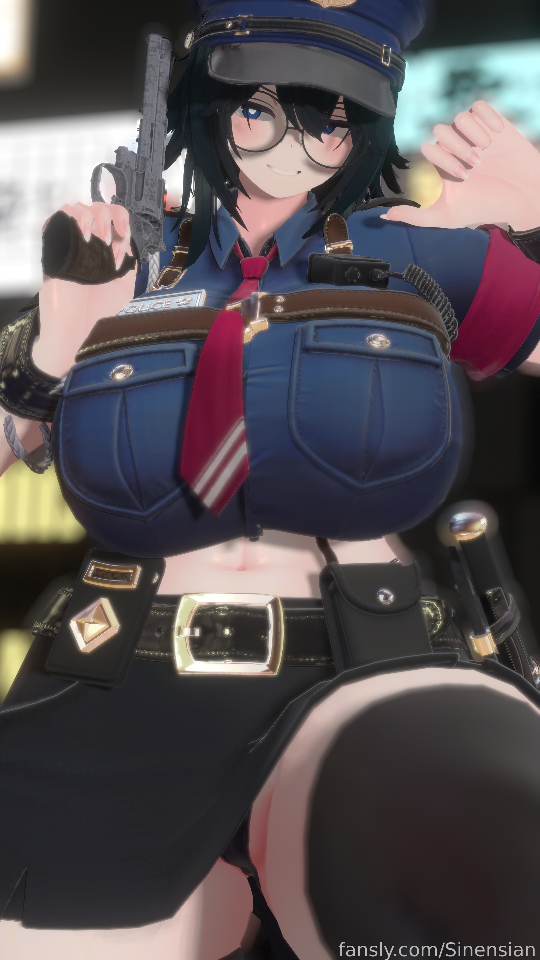 3d, blue eyes, breasts, female, firearm, gigantic breasts, gun, holding weapon, huge breasts, midriff, police uniform, revolver, sinensian, sinensian (character), skirt, smile, smiling, tagme, thick thighs, thighhighs, tie, upskirt, voluptuous, voluptuous female, vrchat, vrchat avatar, vrchat media, vrchat model