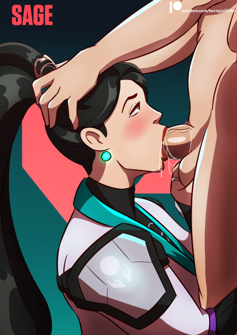 ball_fondling black_hair blowjob fellatio female hornyjaillifer iso_(valorant) ling_ying_wei oral ponytail riot_games sage_(valorant) valorant