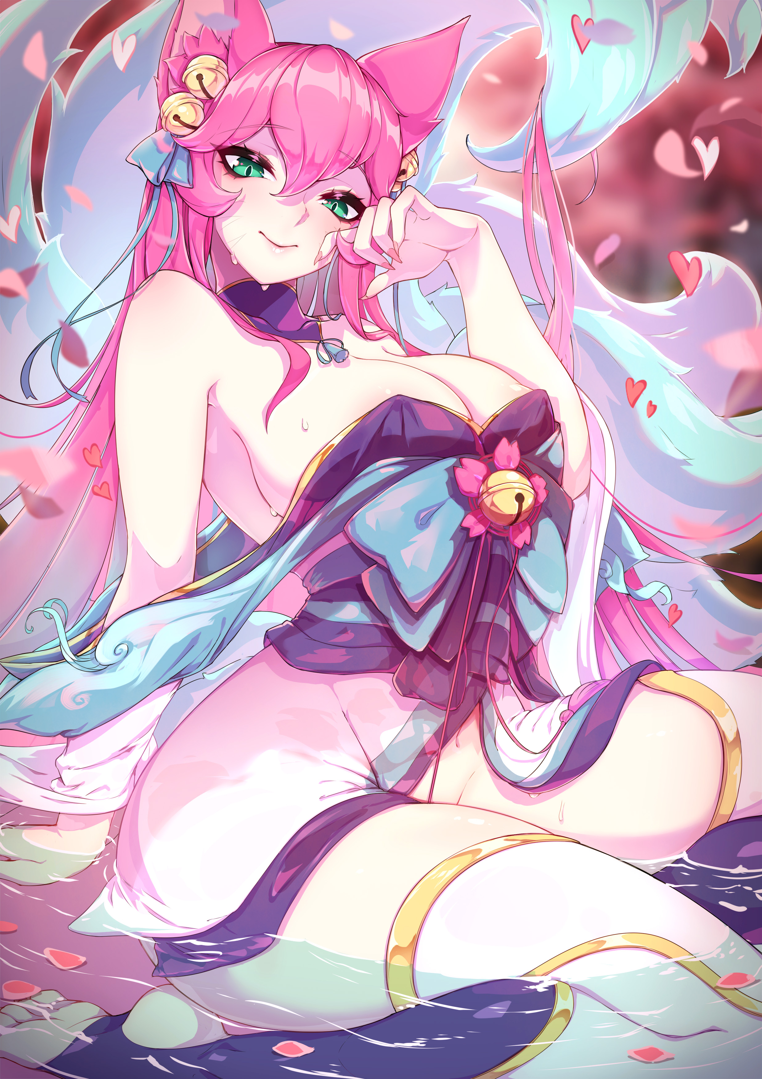 ahri, alternate costume, alternate hair color, alternate hairstyle, animal ear fluff, animal ears, animal girl, bangs, bell, big breasts, blue eyes, breasts, busty, child bearing hips, choker, cleavage, clothing, curvaceous, curves, curvy, curvy body, curvy female, curvy hips, darklux, eyelashes, eyeliner, eyeshadow, facial markings, female, fluffy, fluffy ears, fluffy tail, fluffy tails, fox, fox ears, fox girl, fox tail, furry tail, hair ornament, hair ribbon, hips, hourglass figure, huge breasts, humanoid, inner ear fluff, japanese clothes, kemonomimi, kimono, kitsune, large breasts, league of legends, light skin, light-skinned female, lips, lipstick, long hair, multi tail, nine tailed fox, pale skin, pale-skinned female, pink hair, riot games, robe, spirit blossom ahri, spirit blossom series, tail, thick thighs, thighs, vastaya, video games, voluptuous, wide hips