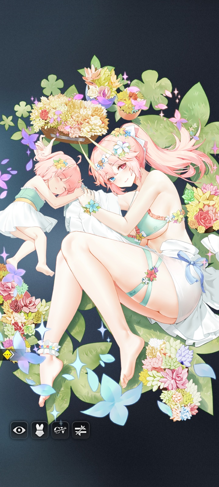 2girls anklet asako_(how_to_raise_a_harem) ass bangs basket blue_eyes blush demon_horns feet female flower flower_in_hair hair_ornament heterochromia highres horn how_to_raise_a_harem huge_breasts large_breasts laying_down laying_on_side leg_strap legs_together long_hair looking_at_viewer mature mature_female milf multiple_girls official_art oni pink_eyes pink_hair ponytail screenshot simple_background sleeping swimsuit thick_thighs thighs underboob wholesome