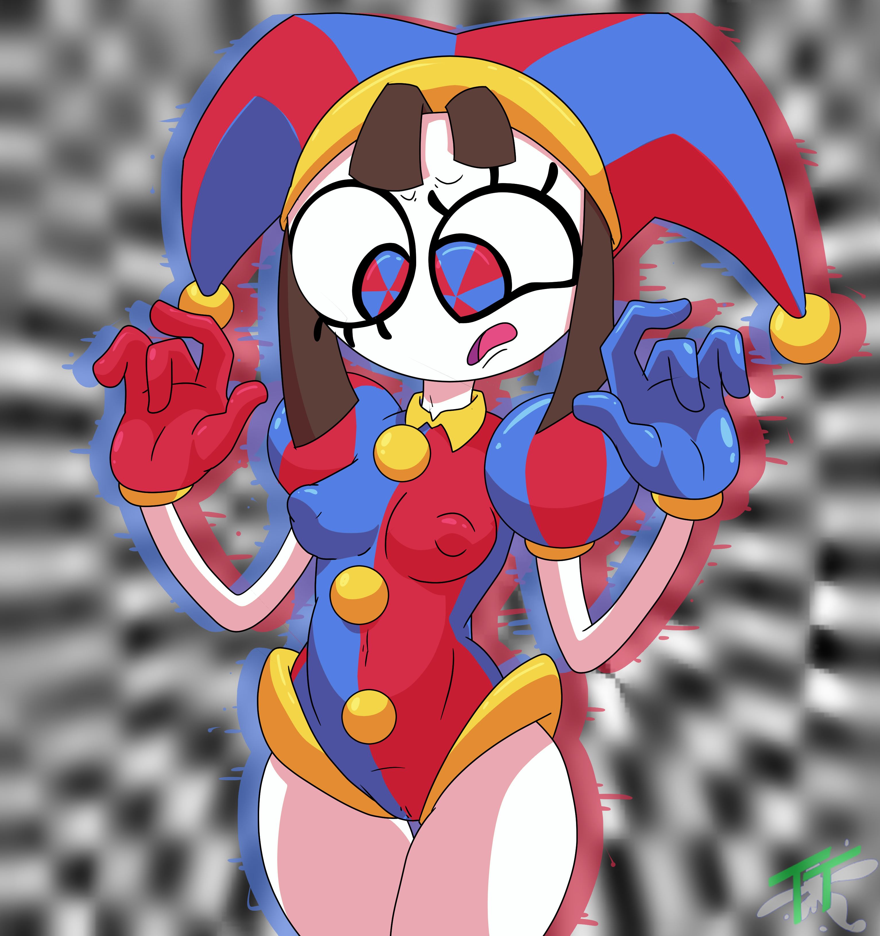 1girls, 2023, 2d, 2d (artwork), 2d artwork, breasts, brown hair, erect nipples, female, female only, glitch productions, gloves, gooseworx, jester, jester costume, jester hat, jester outfit, looking down, nipples, pomni, pomni (the amazing digital circus), short hair, small breasts, smaller female, solo, solo female, tagme, the amazing digital circus, thick thighs, toughtippytips, white body