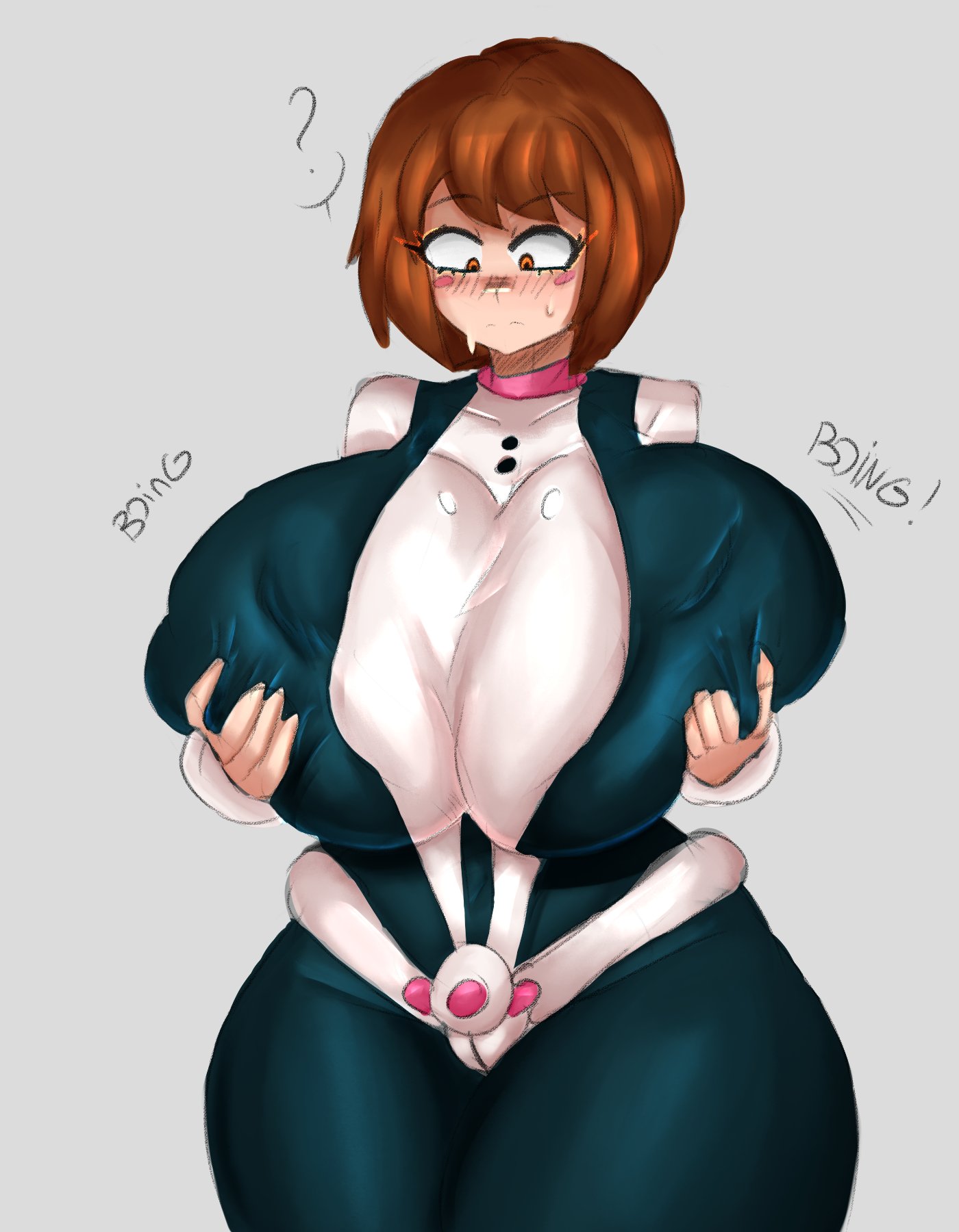 ?, 1girls, big breasts, big thighs, blush, breast grab, breast lift, breast squeeze, breasts, breasts bigger than head, busty, caitdrawsstuff2, curvy, female, hero outfit (mha), huge breasts, huge thighs, large breasts, large thighs, massive breasts, my hero academia, ochako uraraka, ochako uraraka (hero outfit), thick thighs, thighs, tight clothing