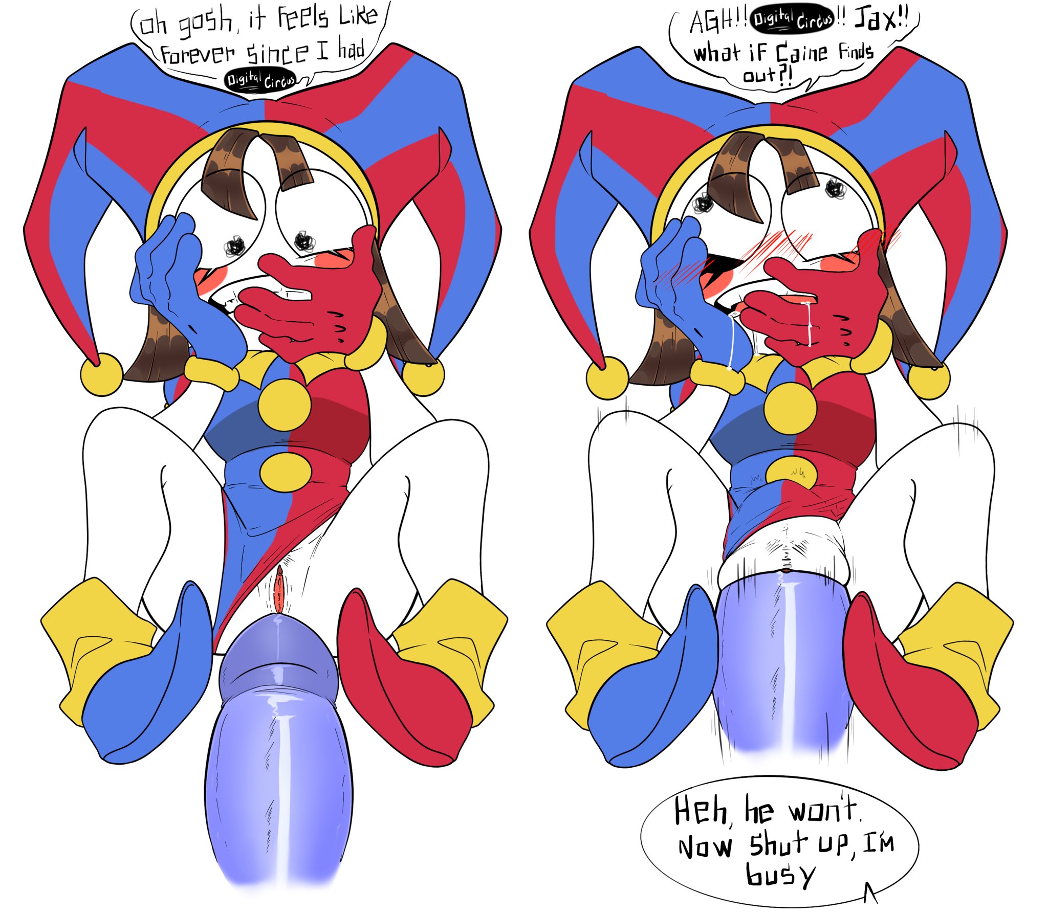 2023, 2d, 2d (artwork), 2d artwork, artist request, blush, breasts, brown hair, covering face, dialogue, dialogue box, embarrassed, female, glitch productions, gloves, gooseworx, hands on face, jax (the amazing digital circus), jester, jester costume, jester hat, jester outfit, male, nervous, penis, penis in pussy, pomni (the amazing digital circus), purple penis, pussy, sex, short hair, small breasts, stomach bulge, straight, the amazing digital circus, vaginal penetration, white body