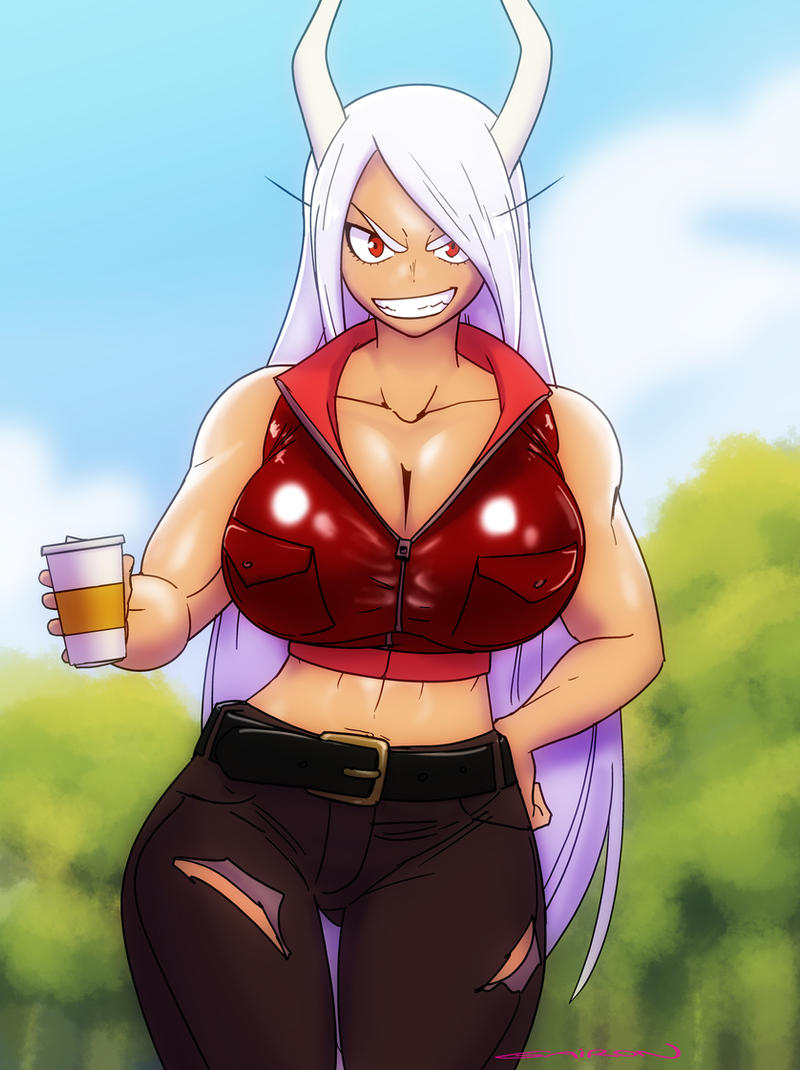 anime boku_no_hero_academia casual casual_clothes clothed_female dark-skinned_female dark_skin gairon long_hair manga miruko my_hero_academia rabbit rabbit_girl red_eyes rumi_usagiyama smirk smirking smirking_at_viewer usagiyama_rumi white_hair