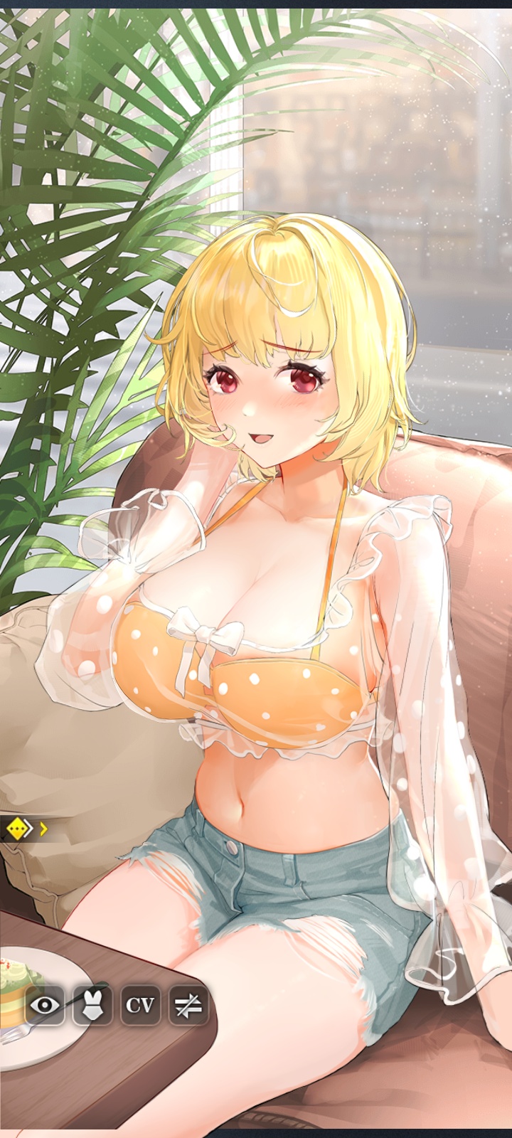 bangs belly_button blonde_hair blush booty_shorts bra cleavage date desert dinner_date exposed_midriff food highres how_to_raise_a_harem huge_breasts large_breasts lily_(how_to_raise_a_harem) official_art open_mouth red_eyes screenshot short_hair shorts sitting sunny translucent_clothing translucent_topwear yellow_bra