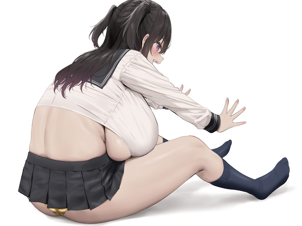 1girls, backboob, black socks, breasts, brown hair, female, hi res, huge breasts, light skin, light-skinned female, long hair, oekakizuki, original, original character, school uniform, schoolgirl, sideboob, socks, solo, underboob