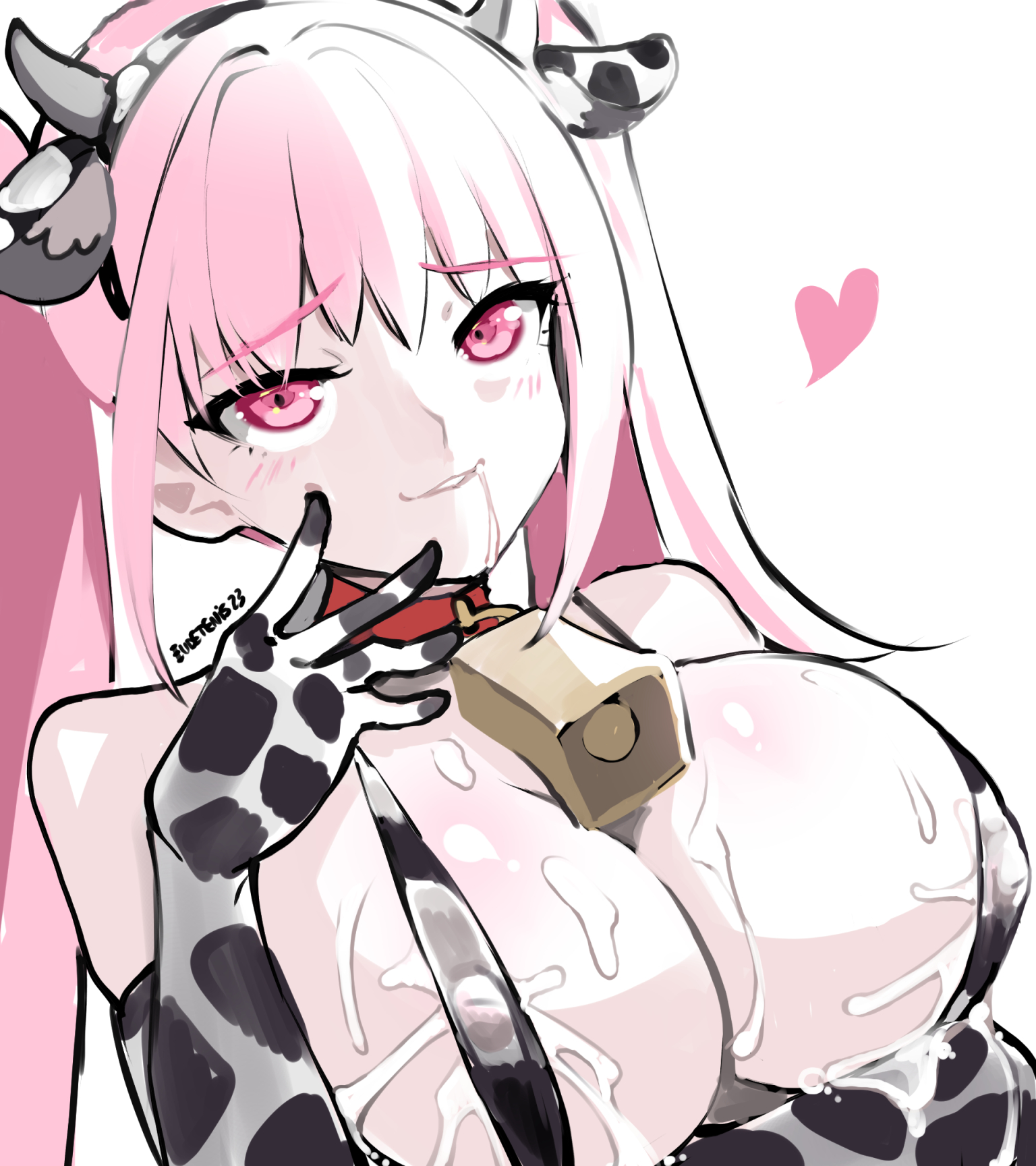 1girls, animal ears, animal print, arm under breasts, bangs, bell, breasts, cleavage, collar, commission, covered nipples, cow ears, cow girl, cow horns, cow print, cowbell, drooling, elbow gloves, eudetenis, fake animal ears, fake horns, female, female only, fire emblem, fire emblem: three houses, gloves, highres, hilda valentine goneril, horns, lactation, lactation through clothes, large breasts, long hair, messy, nintendo, pink eyes, pink hair, revealing clothes, saliva, saliva trail, sideboob, slingshot swimsuit, smile, solo, swimsuit, twintails