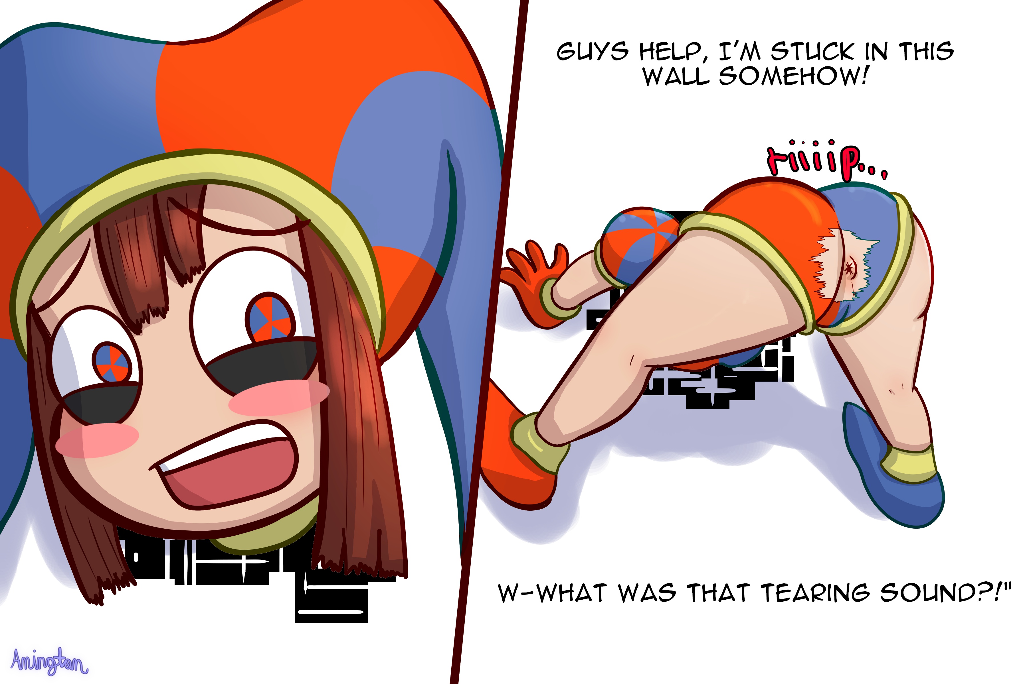 2023, 2d, 2d (artwork), 2d artwork, amington, ass, ass up, asshole, breasts, brown hair, dialogue, female, glitch productions, gloves, gooseworx, jester, jester costume, jester hat, jester outfit, medium breasts, pomni (the amazing digital circus), pussy, short hair, stuck in wall, the amazing digital circus, thighs