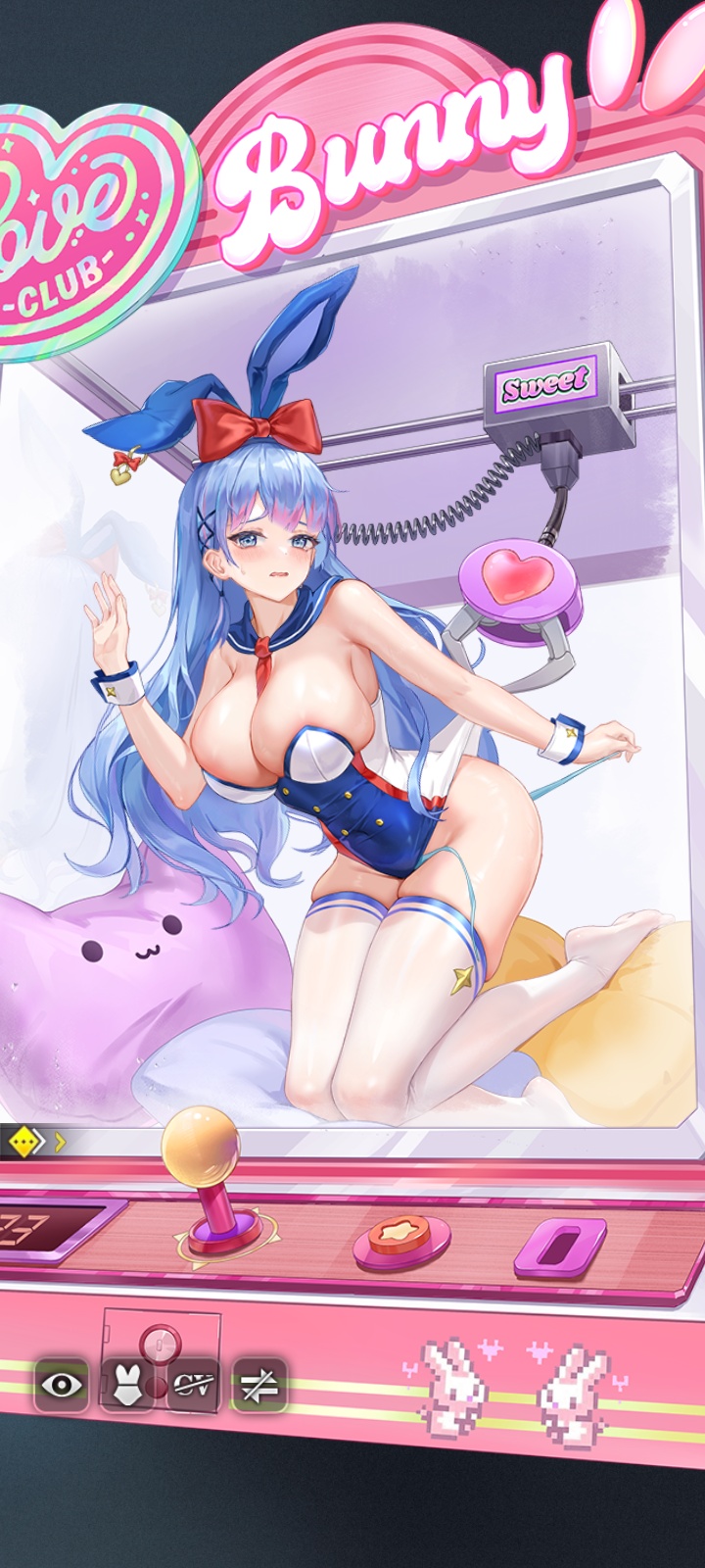 blue_eyes blue_hair blush bunnysuit cleavage crane crane_(machine) crane_game elena_(how_to_raise_a_harem) embarrassed fake_animal_ears hairbow highres how_to_raise_a_harem huge_breasts large_breasts long_hair looking_at_viewer official_art panties_aside panties_down pillow pulling_clothing screenshot shaved_crotch skindentation solo_female stockings thick_thighs thighhighs thighs white_stockings