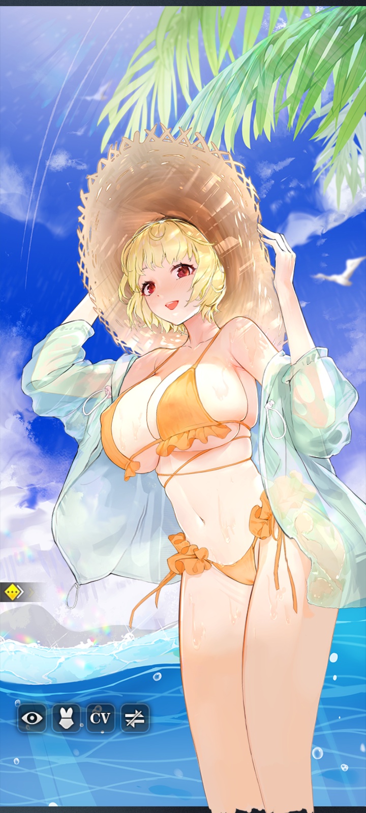 beach belly_button bikini blonde_hair cameltoe cleavage erect_nipples happy hat highres holding_hat how_to_raise_a_harem huge_breasts jacket large_breasts lily_(how_to_raise_a_harem) ocean official_art open_mouth red_eyes screenshot sea seagull short_hair skindentation smile smiling_at_viewer standing sun_hat sunny swimsuit translucent_clothing underboob wet wet_body yellow_bikini yellow_swimsuit