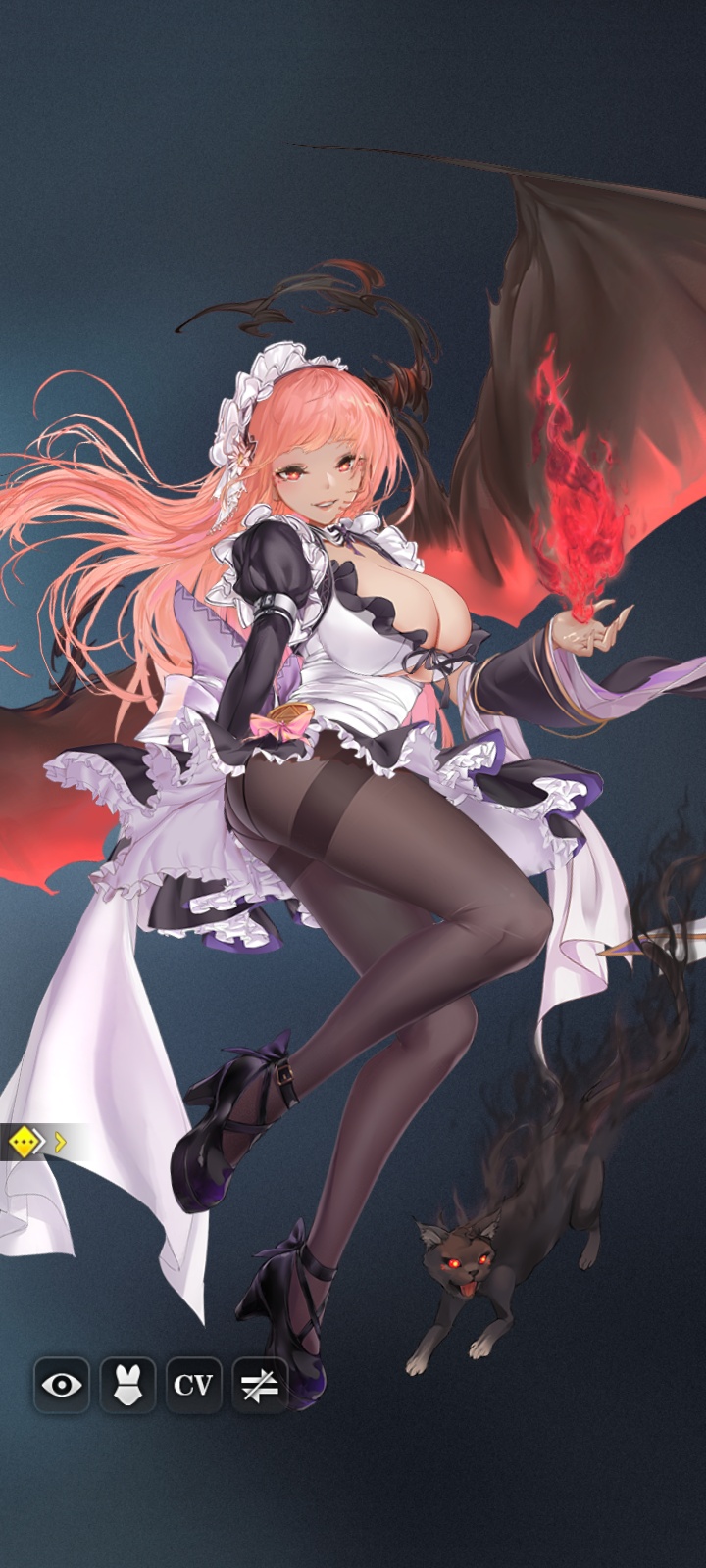 apron_only black_cat black_stockings bow_ribbon cleavage cleavage_cutout dark-skinned_female dark_skin demon_girl demon_horns demon_wings eyeliner eyeshadow feline fire flame frilled_skirt frills heels highres how_to_raise_a_harem huge_breasts large_breasts legs long_hair long_legs looking_at_viewer maid maid_apron maid_headdress maid_outfit maid_uniform official_art pantyhose red_eyes red_hair screenshot seductive seductive_look seductive_smile shoes simple_background smile smiling smiling_at_viewer succubus tatiana_(how_to_raise_a_harem) thighs