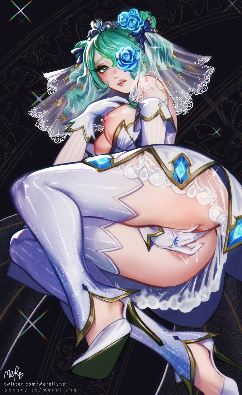 1girls artist_name ass bare_shoulders biting_lip black_background blue_flower breasts crystal_rose_gwen_prestige_edition crystal_rose_series double_bun dress female flower flower_over_eye from_behind gloves green_eyes green_hair gwen_(league_of_legends) hair_bun hair_flower hair_ornament high_heels highres large_breasts league_of_legends league_of_legends:_wild_rift lingerie long_sleeves lying merellyne nipples no_panties on_side prestige_skin pussy_juice short_hair striped_sleeves teeth thighhighs twitter_username underwear veil web_address wedding_dress wedding_veil white_dress white_gloves white_thighhighs